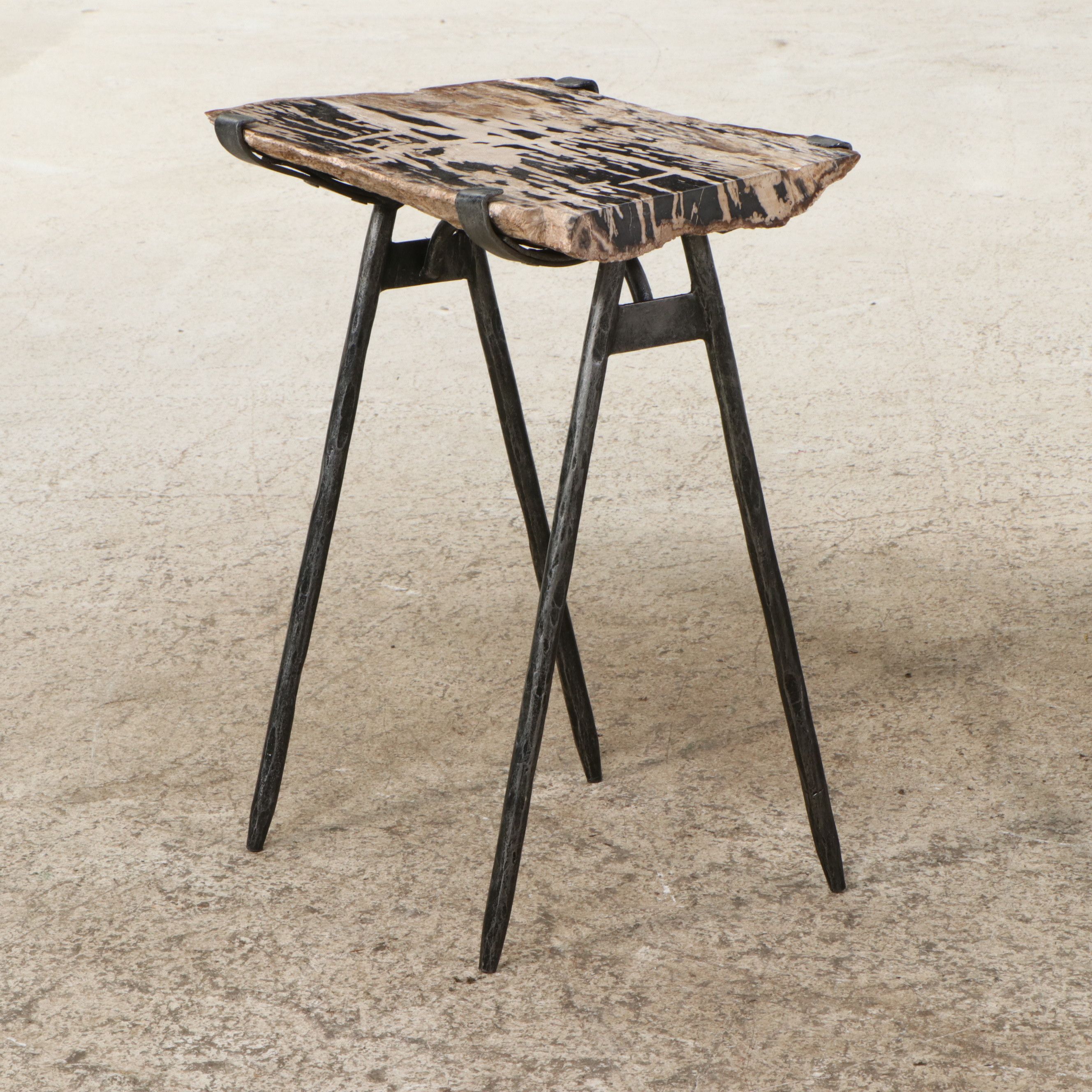 Pair Petrified Wood Side Tables with Wrought Iron Legs