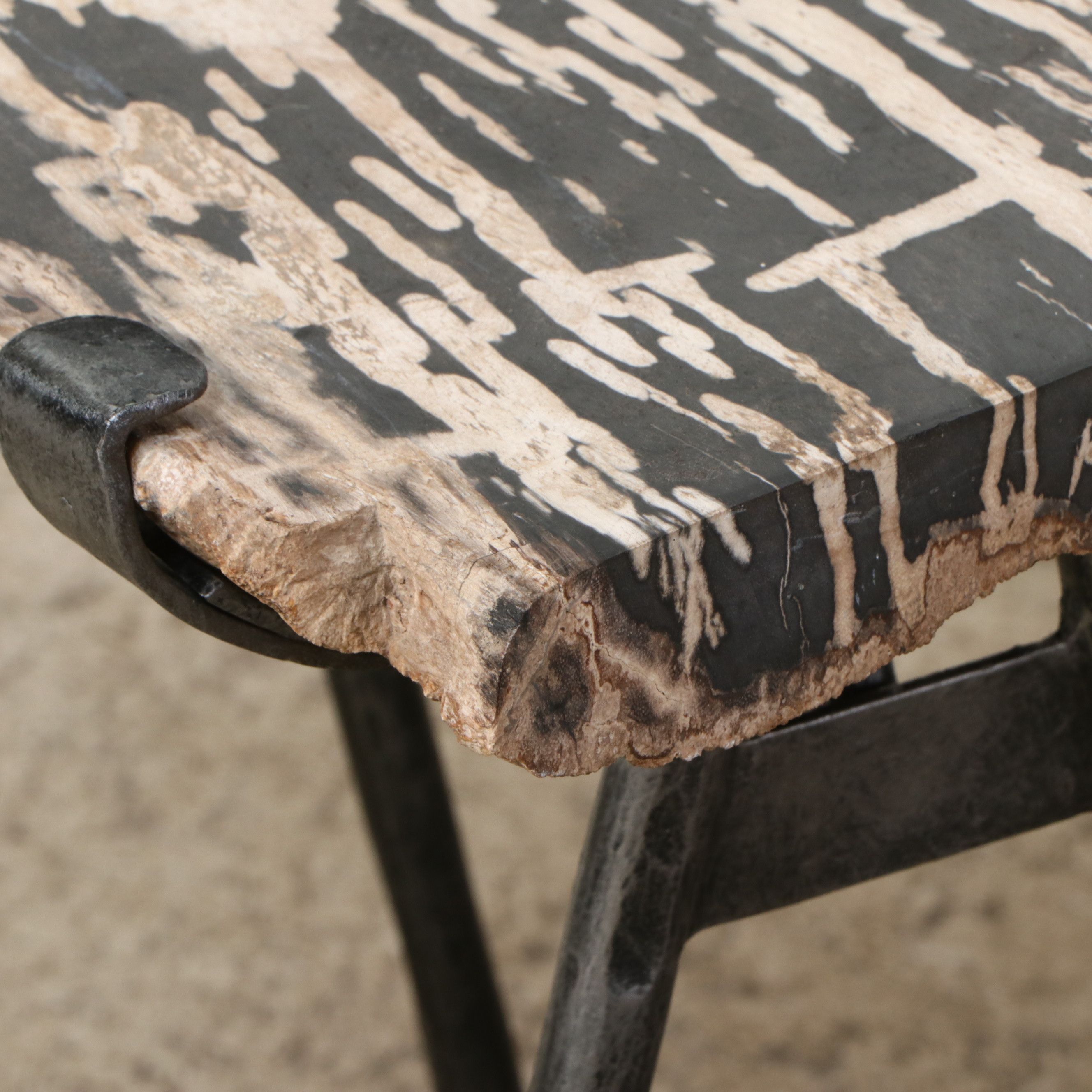 Pair Petrified Wood Side Tables with Wrought Iron Legs