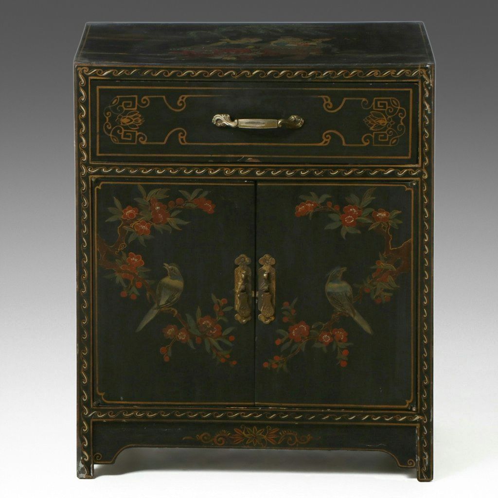 Chinese Lacquered Quince Blossoms and Birds Wood Cabinet with Brass Hardware