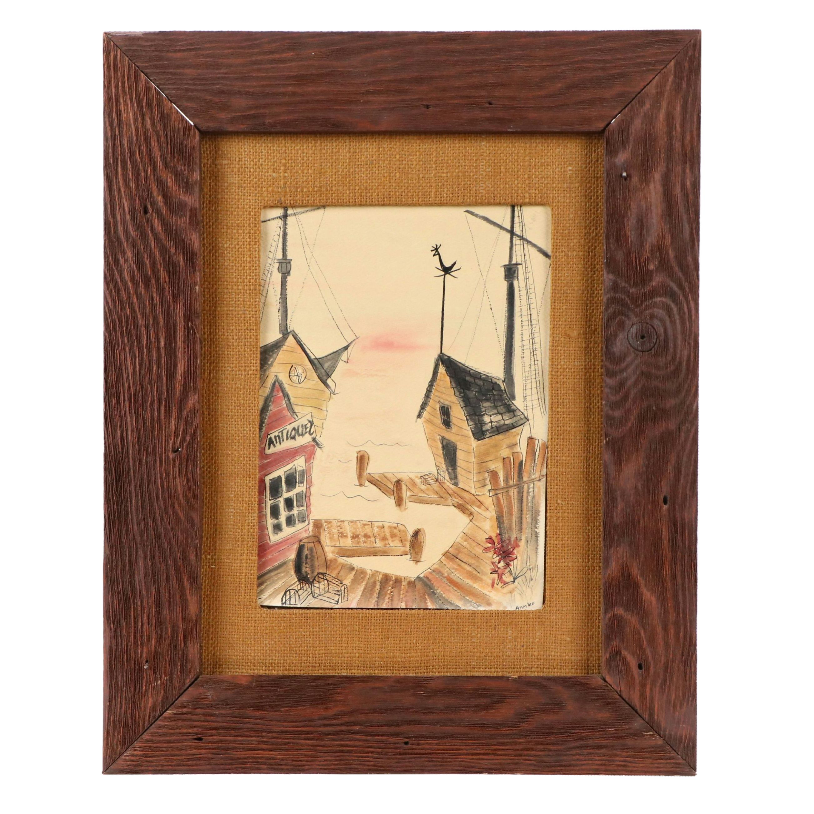 Folk Art Watercolor Painting of Dock Scene, Circa 1970