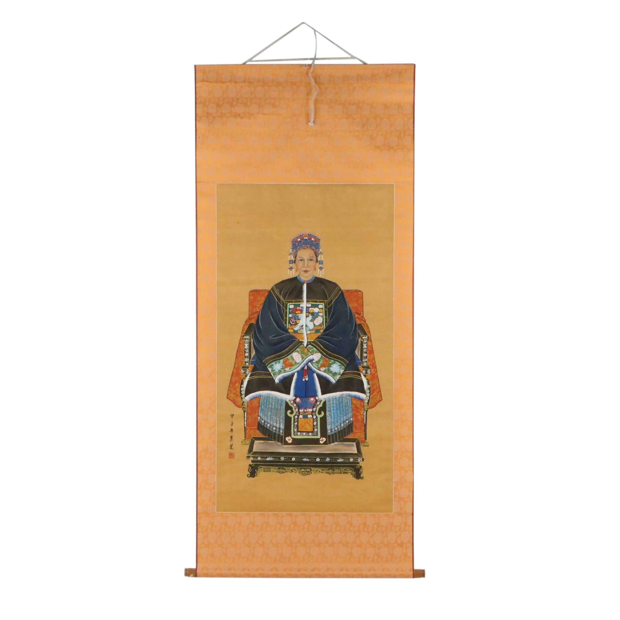 Chinese School Gouache Painting of Ancestor on Silk Scroll, 20th Century