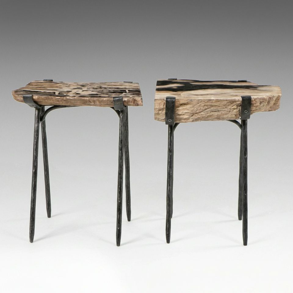 Pair Petrified Wood Side Tables with Wrought Iron Legs