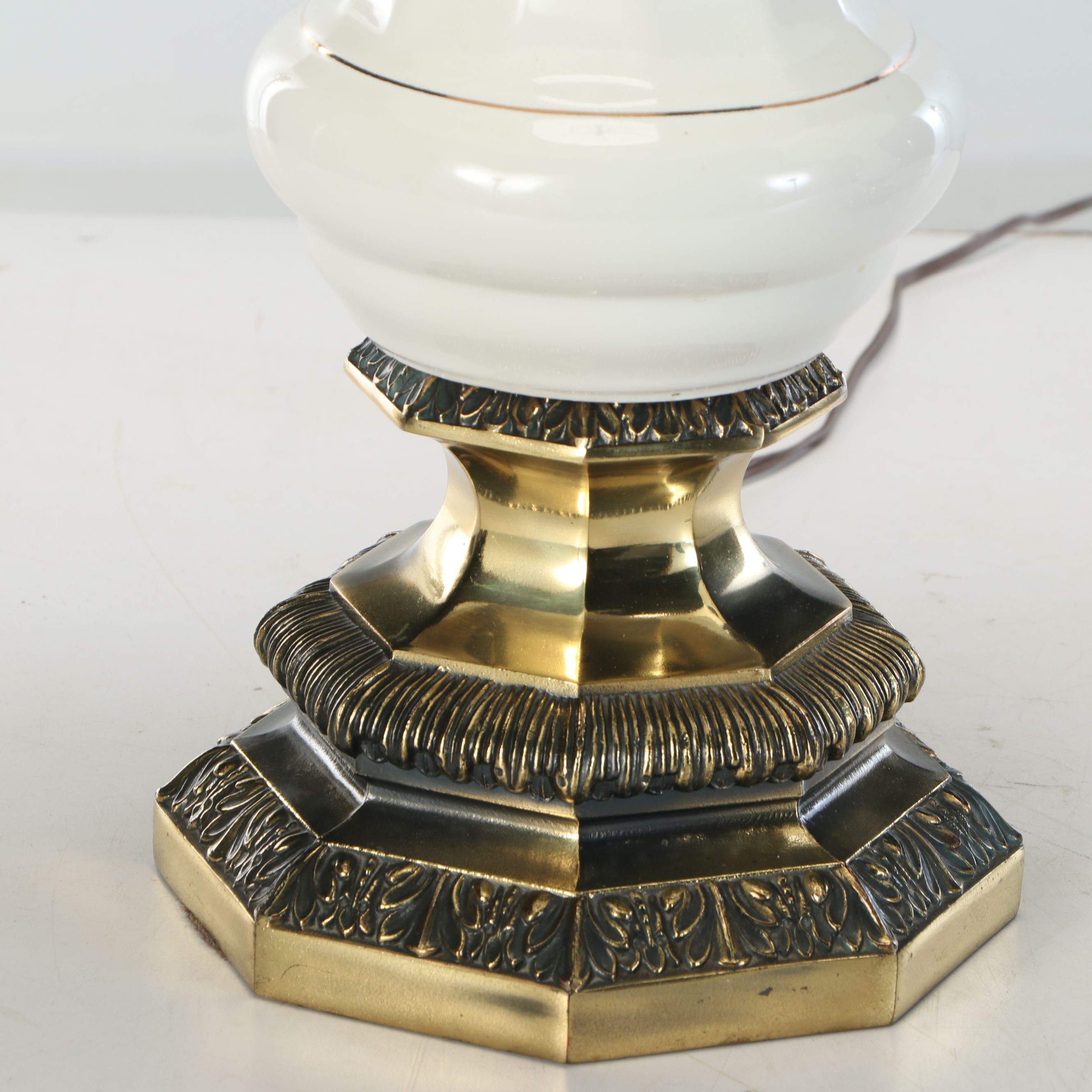 Pair of White Ceramic and Brass Table Lamps With Scallop Bell Shades