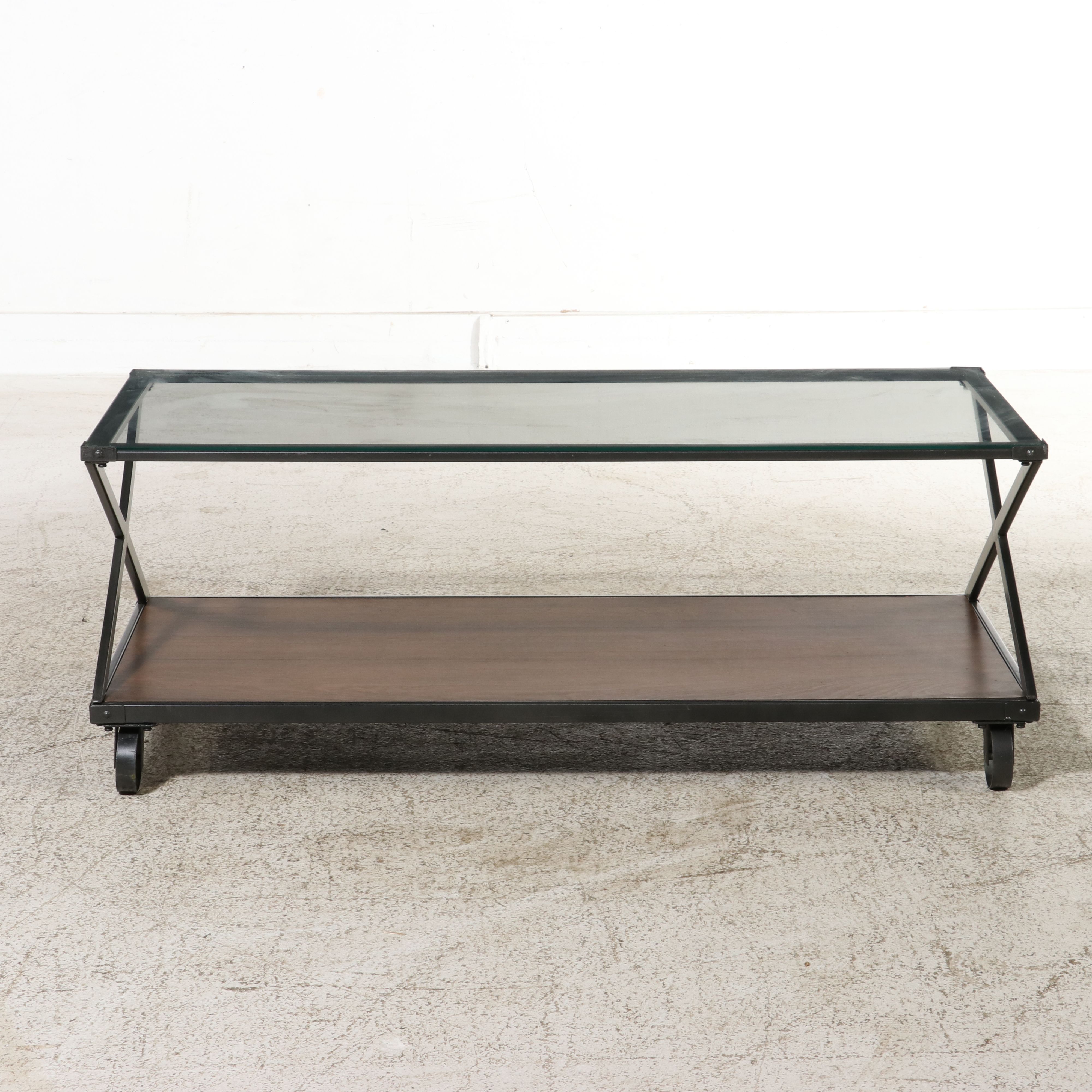 Industrial Style Glass and Wood Coffee Table on Casters
