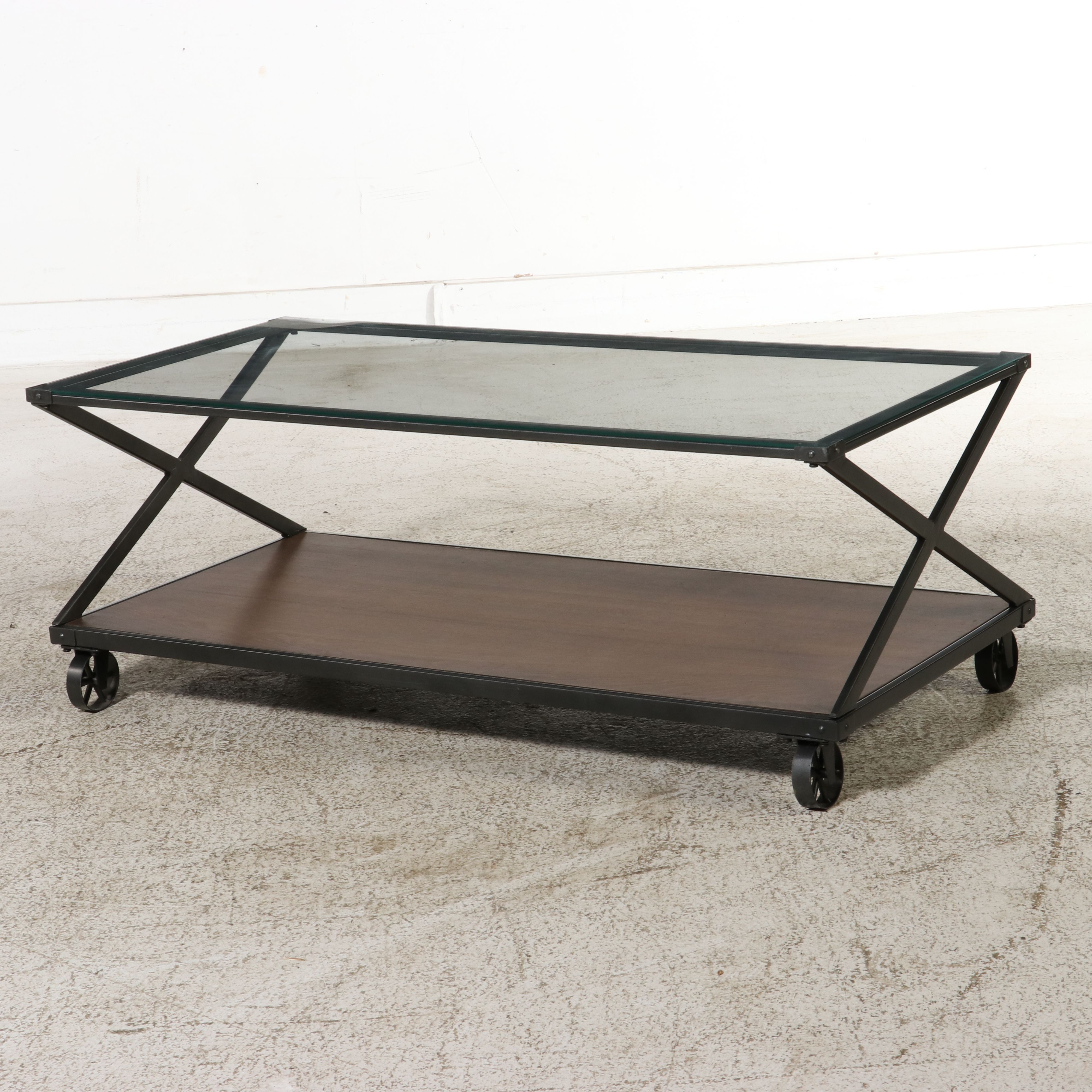 Industrial Style Glass and Wood Coffee Table on Casters