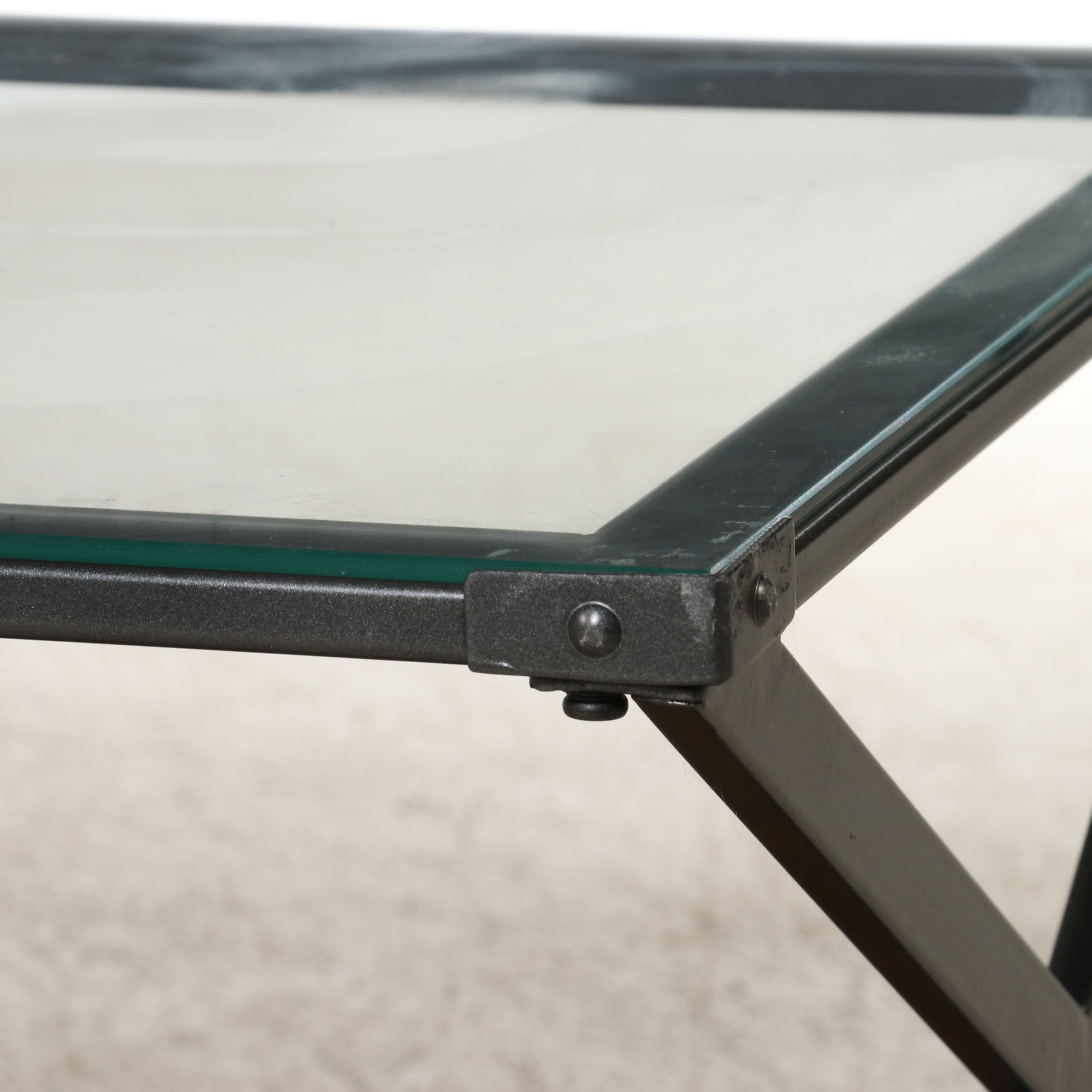 Industrial Style Glass and Wood Coffee Table on Casters