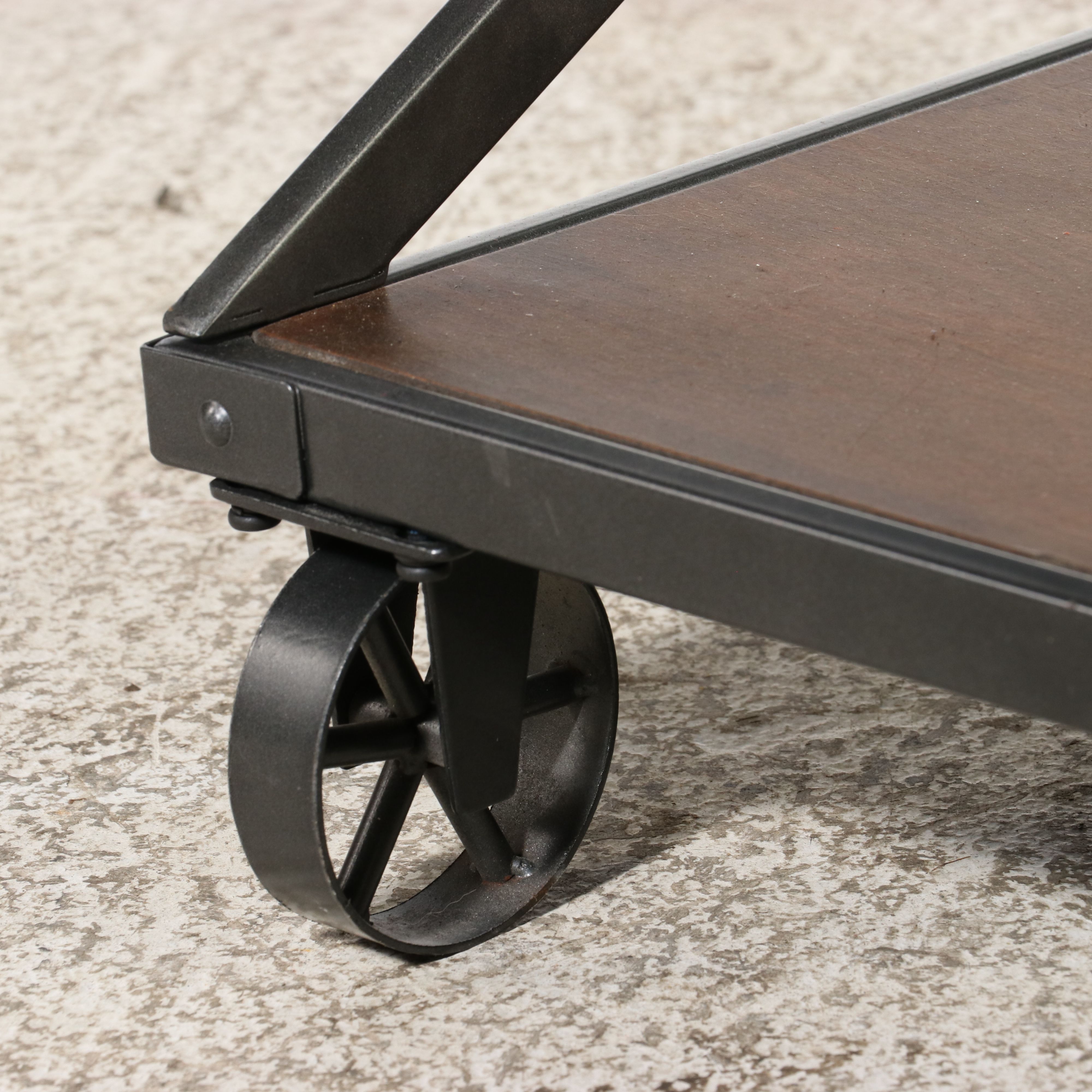 Industrial Style Glass and Wood Coffee Table on Casters