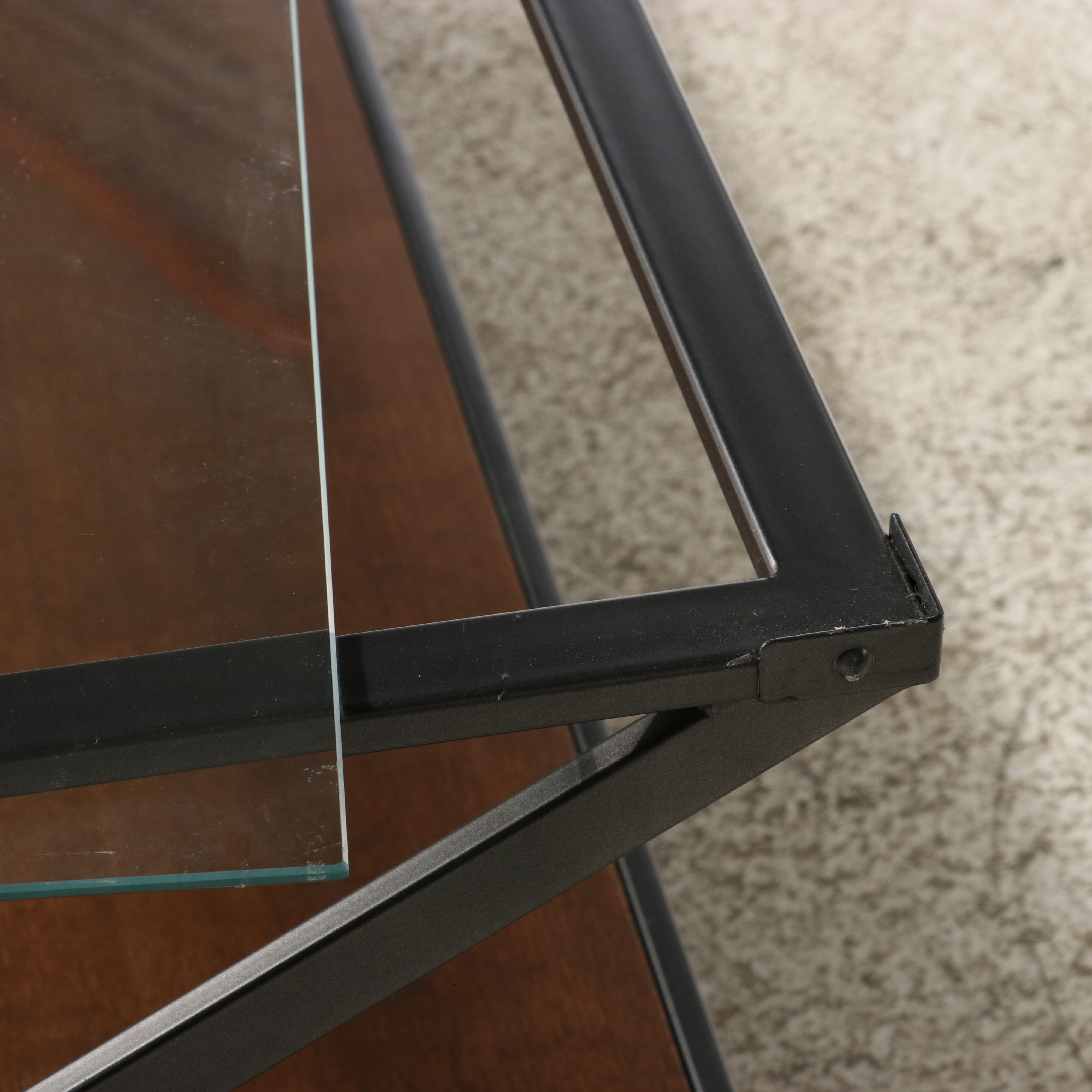 Industrial Style Glass and Wood Coffee Table on Casters