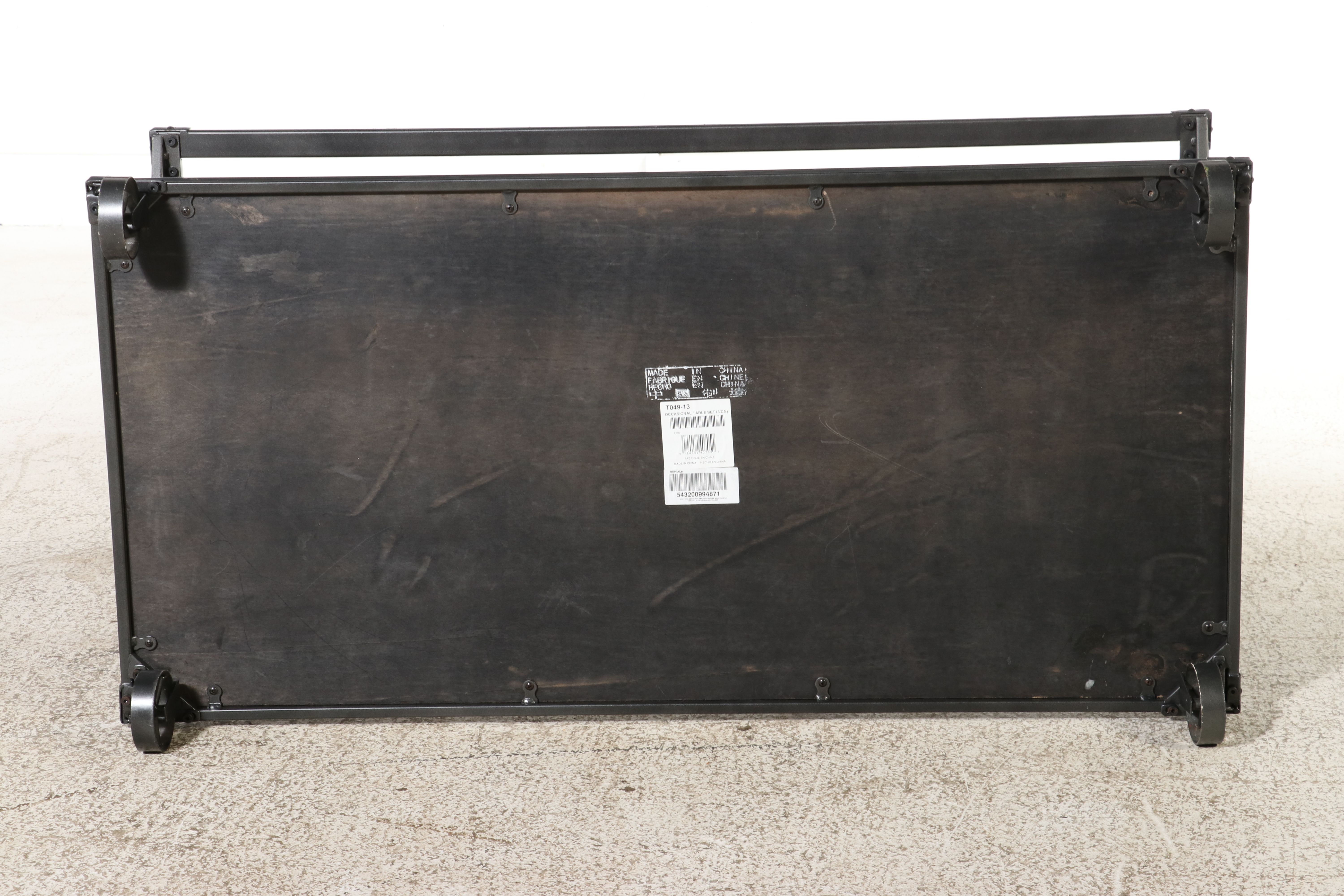 Industrial Style Glass and Wood Coffee Table on Casters