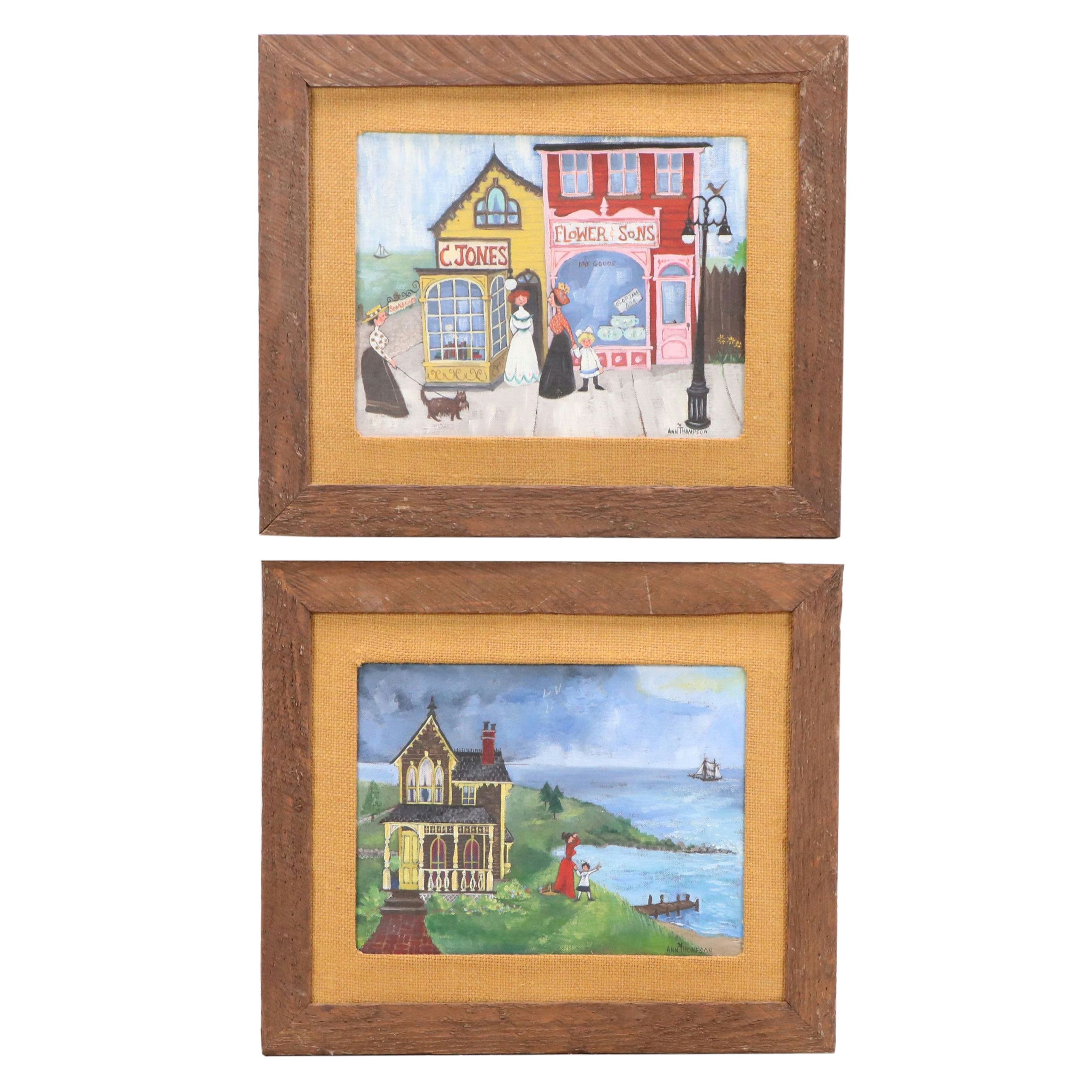 Ann Thompson Primitive Acrylic Paintings of Historical New England, 20th C.