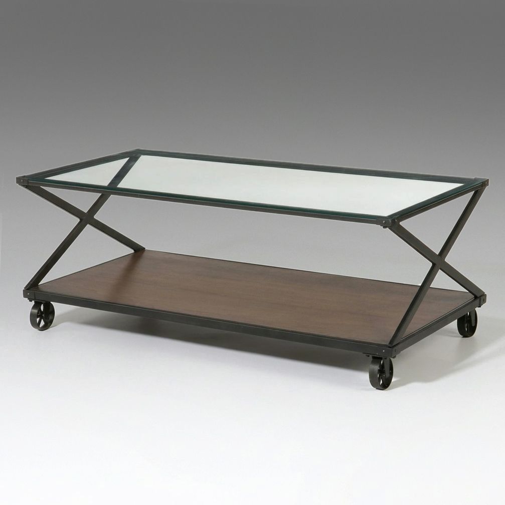 Industrial Style Glass and Wood Coffee Table on Casters