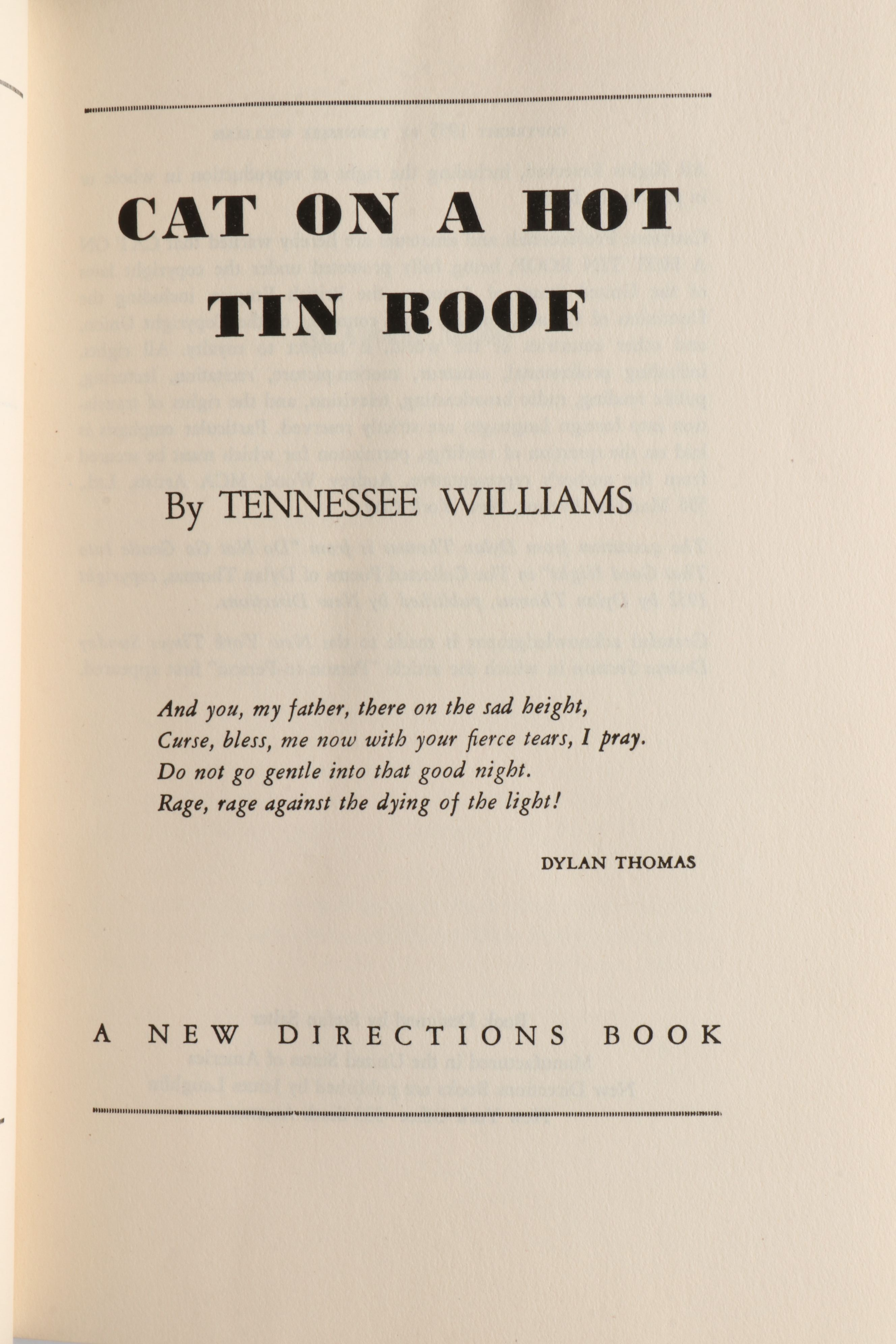 First Edition, Fourth Printing "Cat on a Hot Tin Roof" by Tennessee Williams