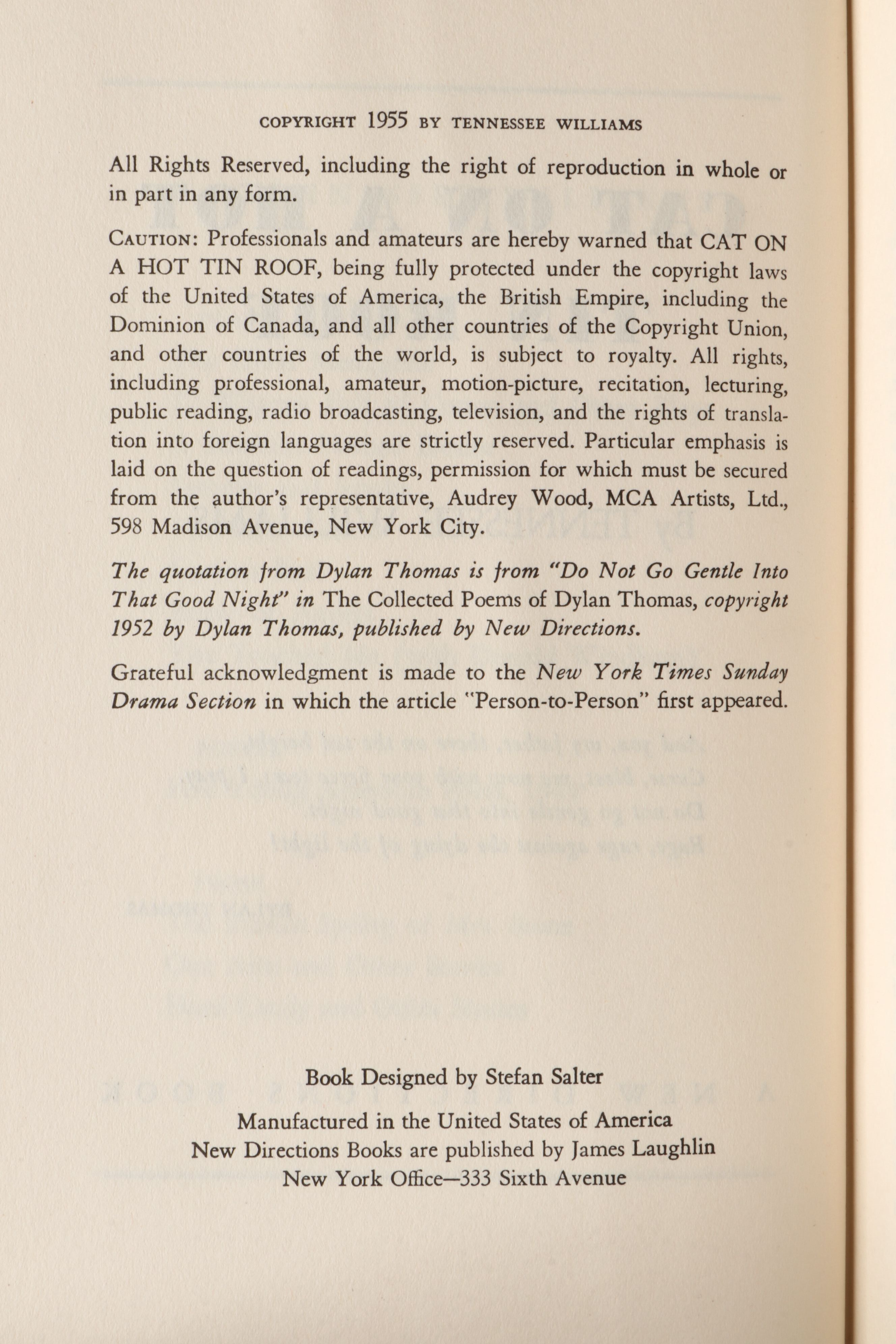 First Edition, Fourth Printing "Cat on a Hot Tin Roof" by Tennessee Williams