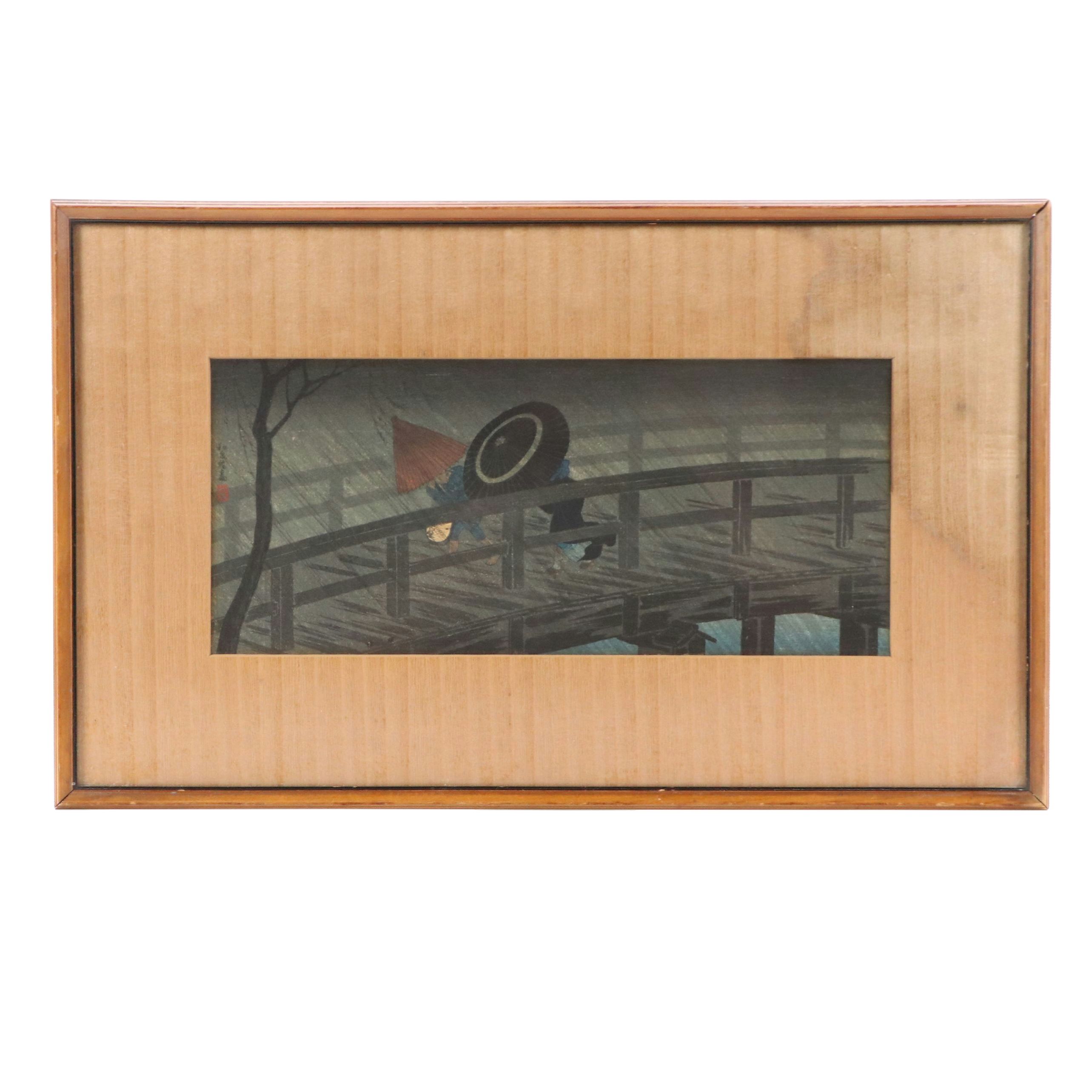 Attrib. Takahashi Shōtei Shin Hanga Woodblock "Rain on Izumi Bridge," Circa 1930