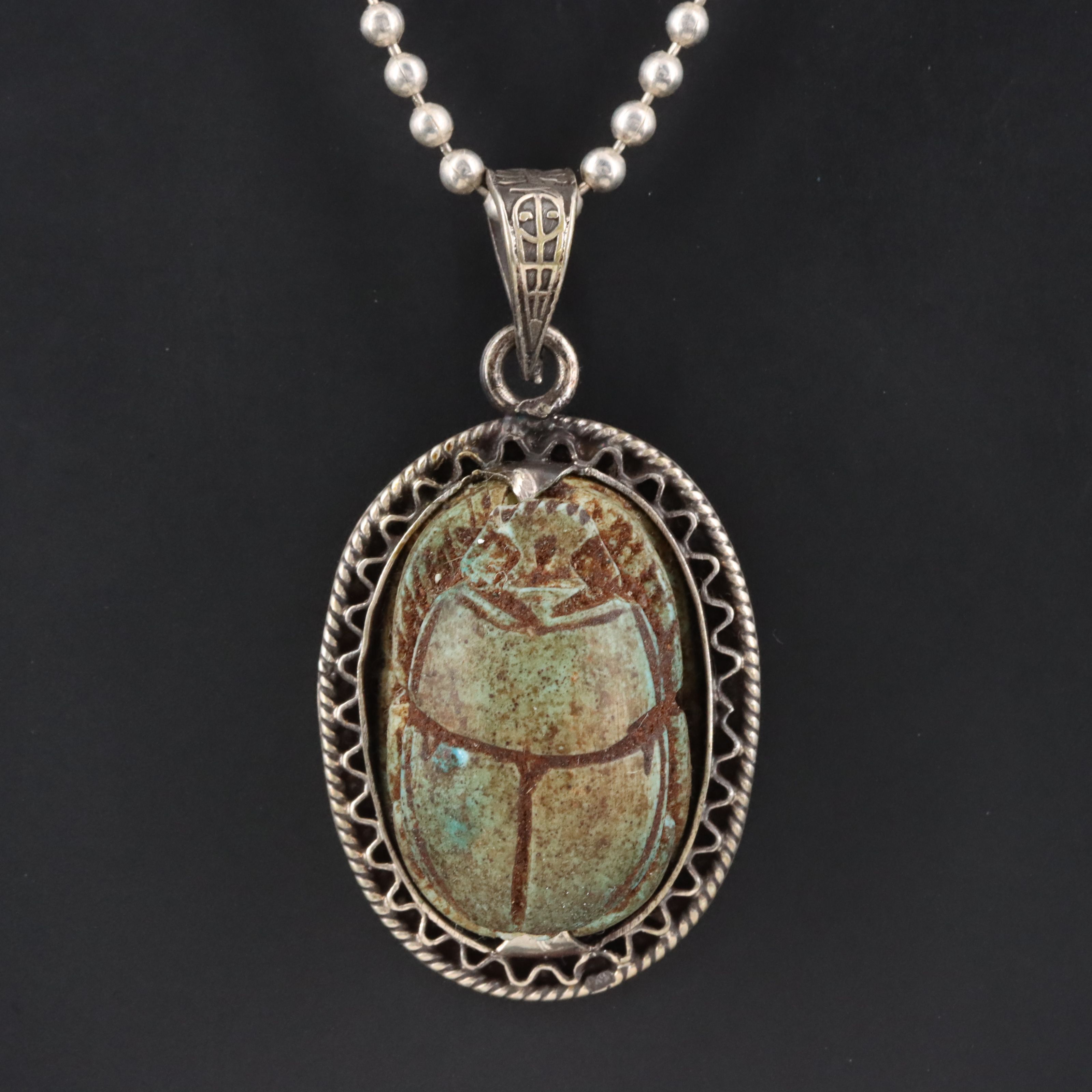 Vintage 800 Silver Pendant with Ancient Scarab and Sterling Bead Chain