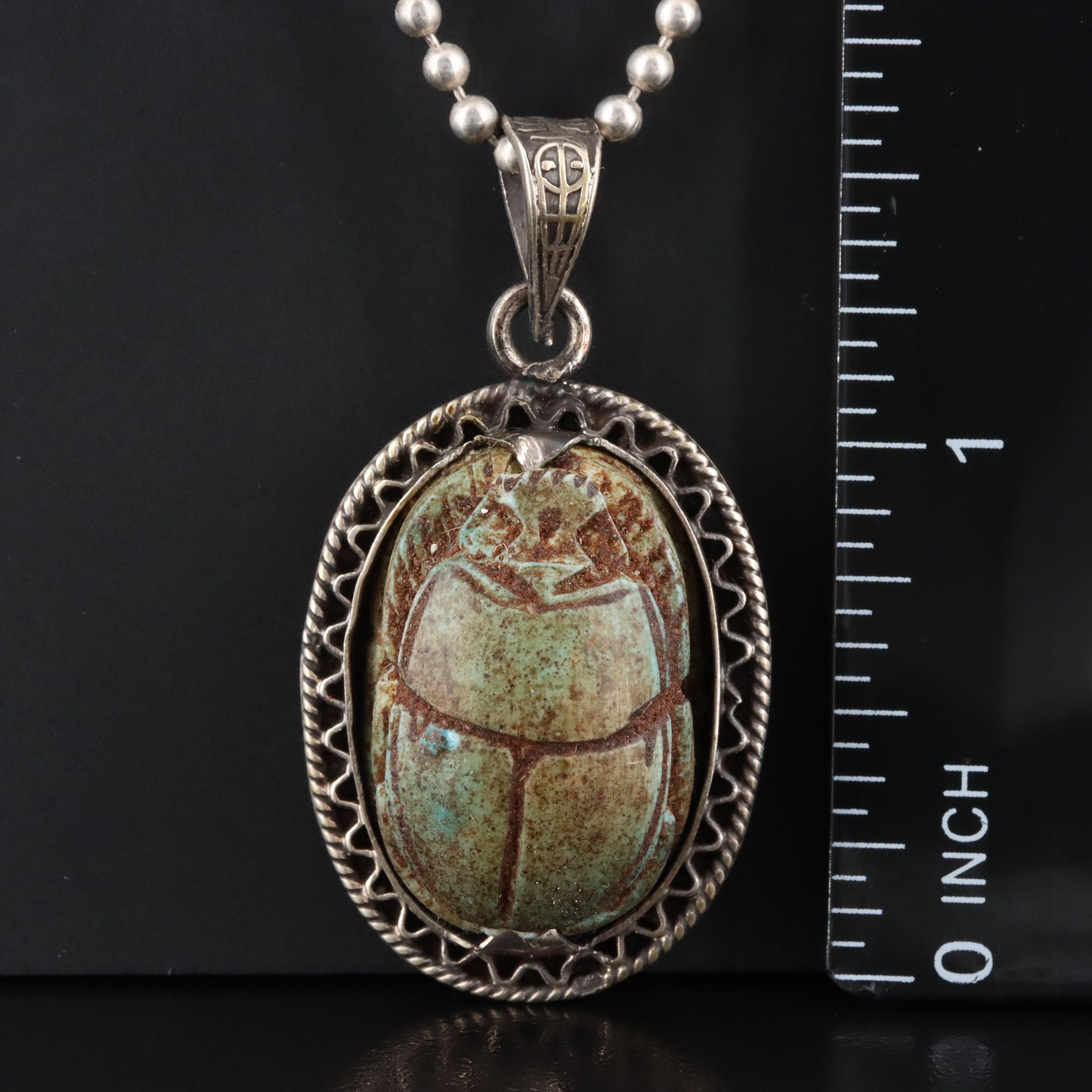 Vintage 800 Silver Pendant with Ancient Scarab and Sterling Bead Chain