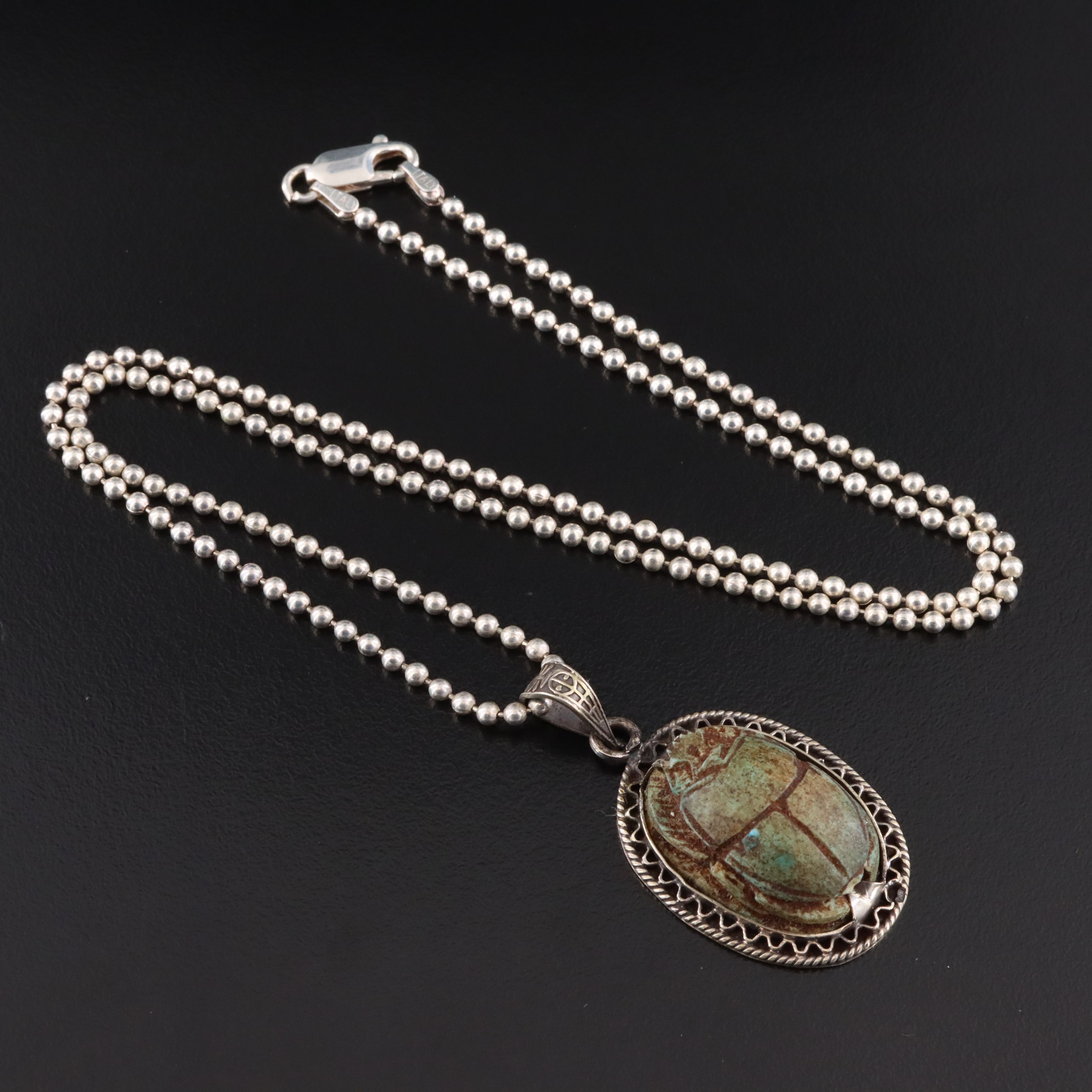 Vintage 800 Silver Pendant with Ancient Scarab and Sterling Bead Chain