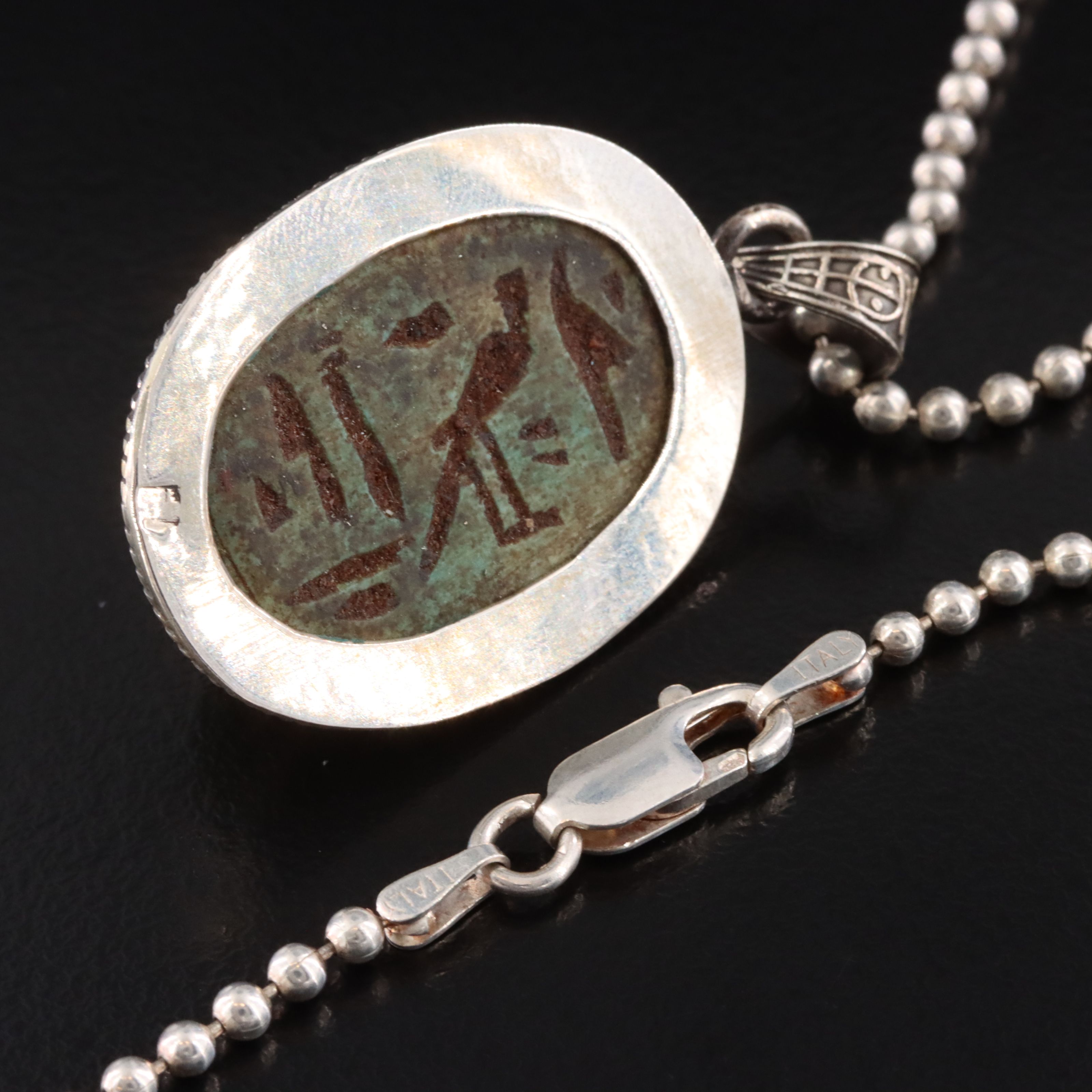 Vintage 800 Silver Pendant with Ancient Scarab and Sterling Bead Chain
