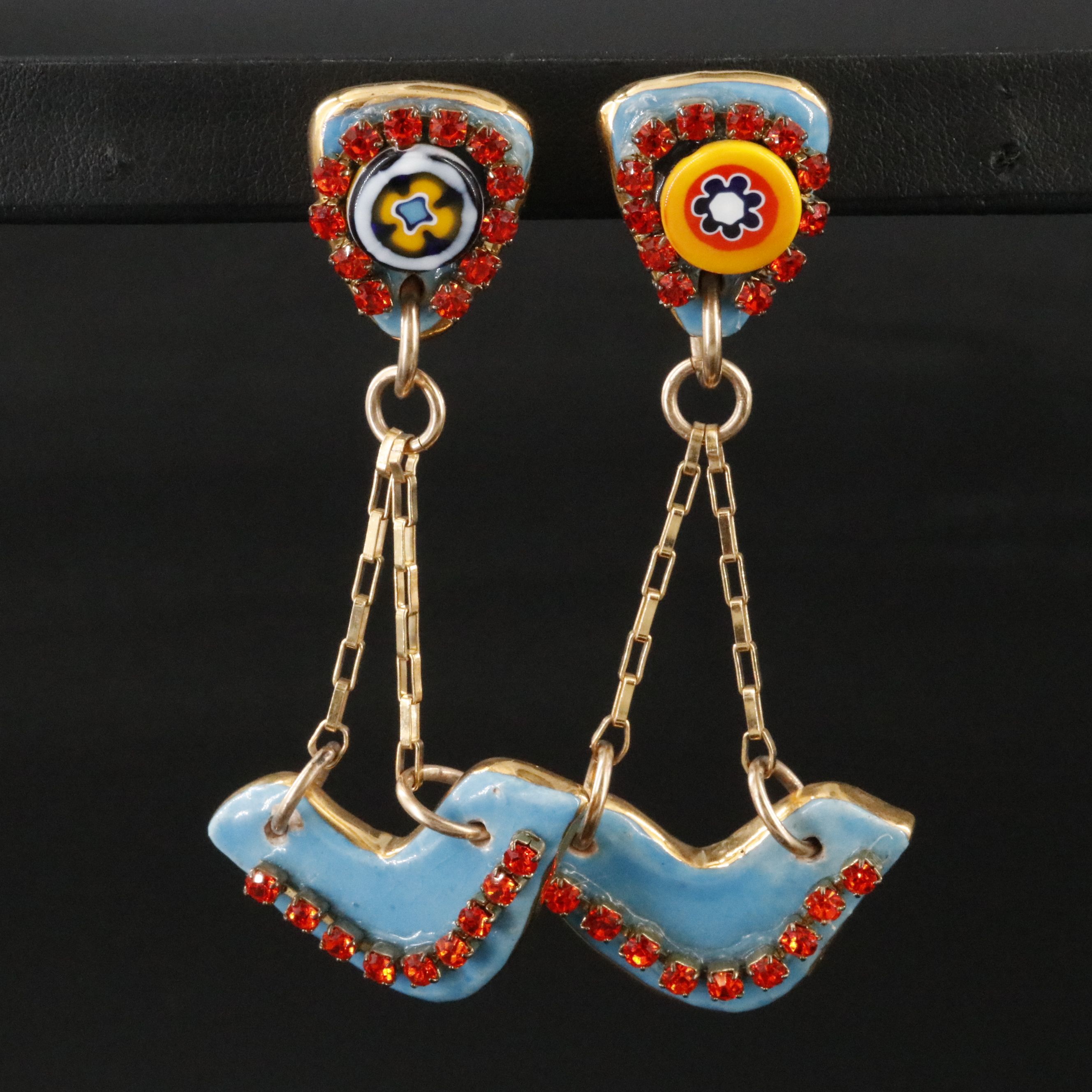Attributed to Sonia Boyajian Rhinestone and Ceramic Drop Earrings