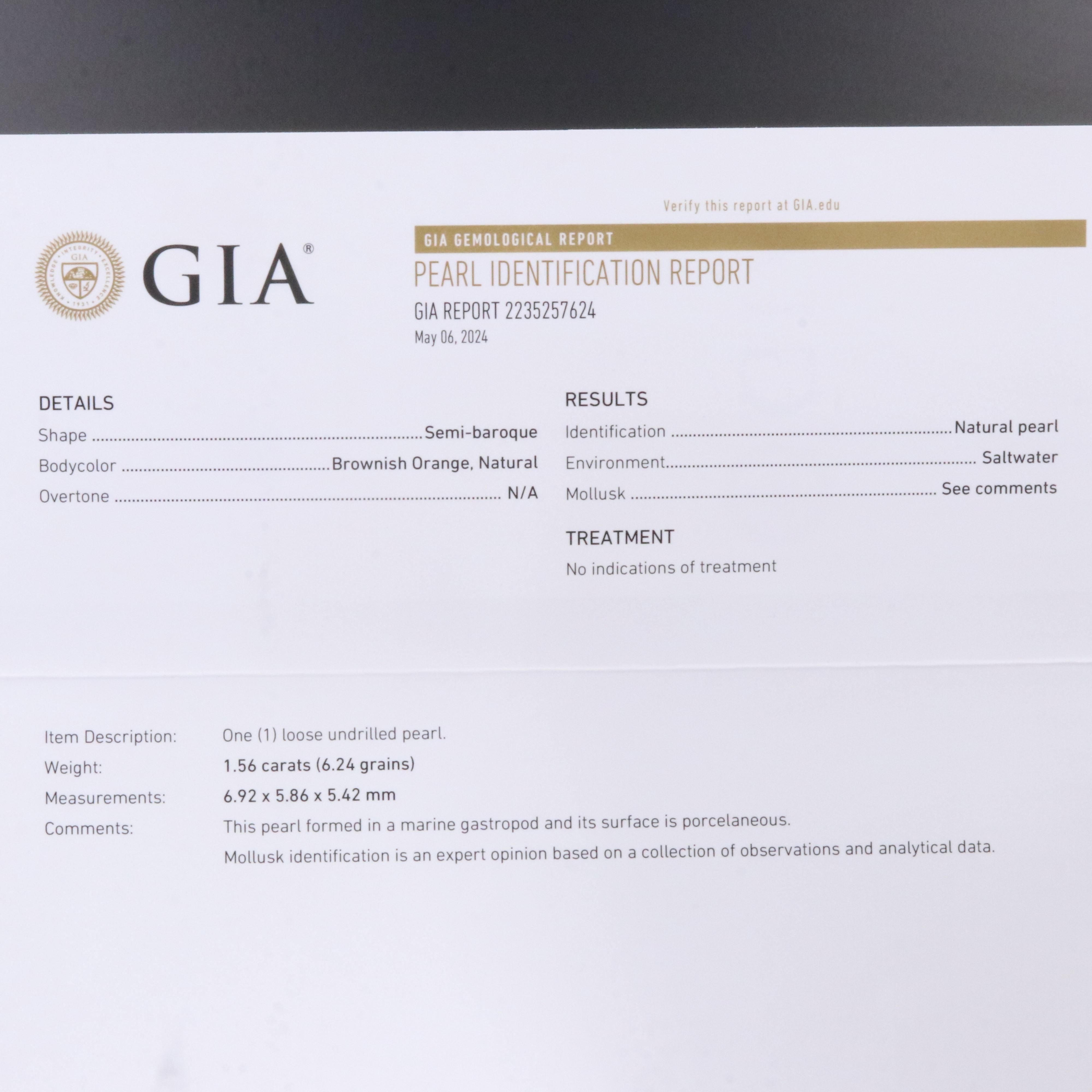 Loose 1.56 CT Natural Pearl with GIA Report