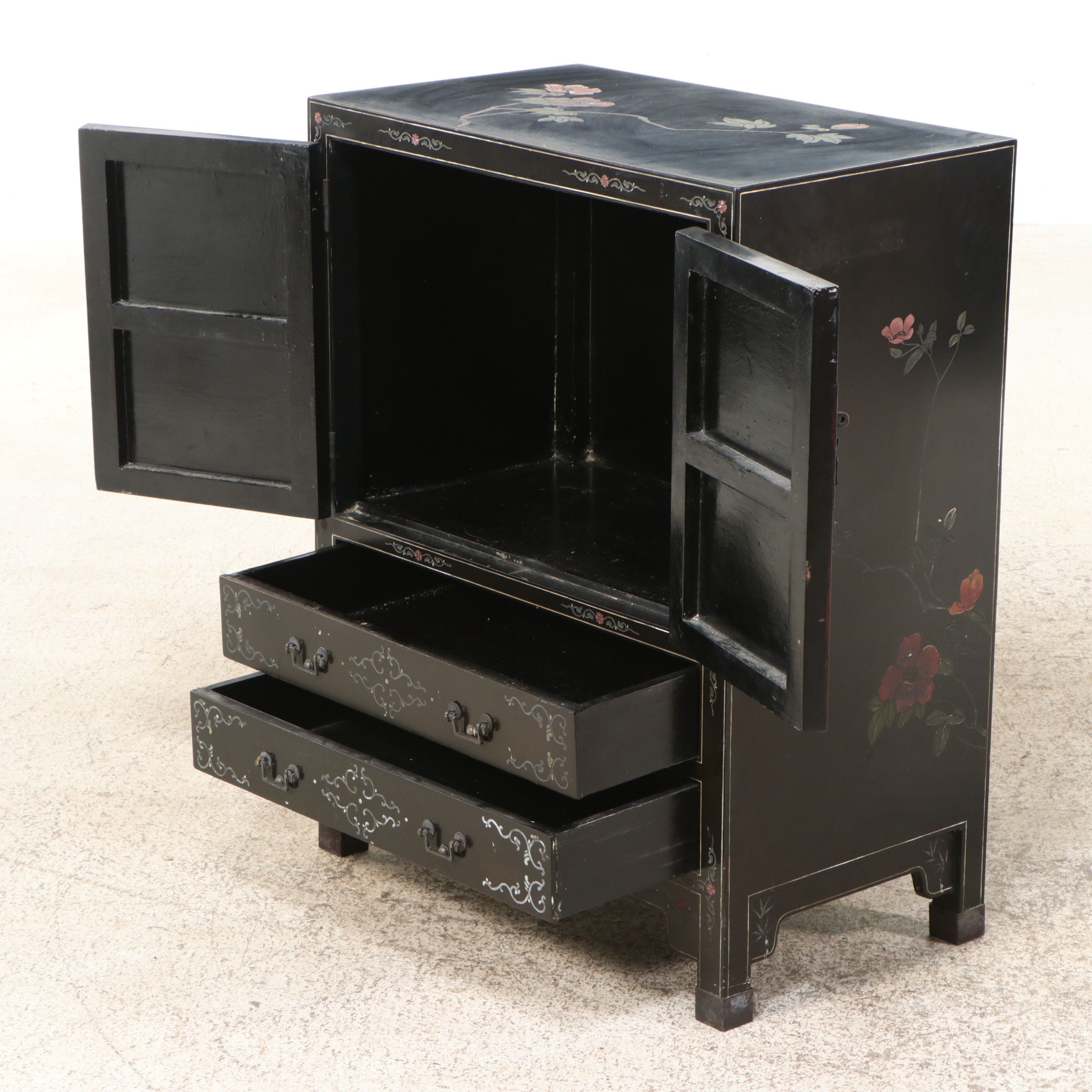 Chinese Black Lacquer Cabinet with Hardstone Figural Inlay
