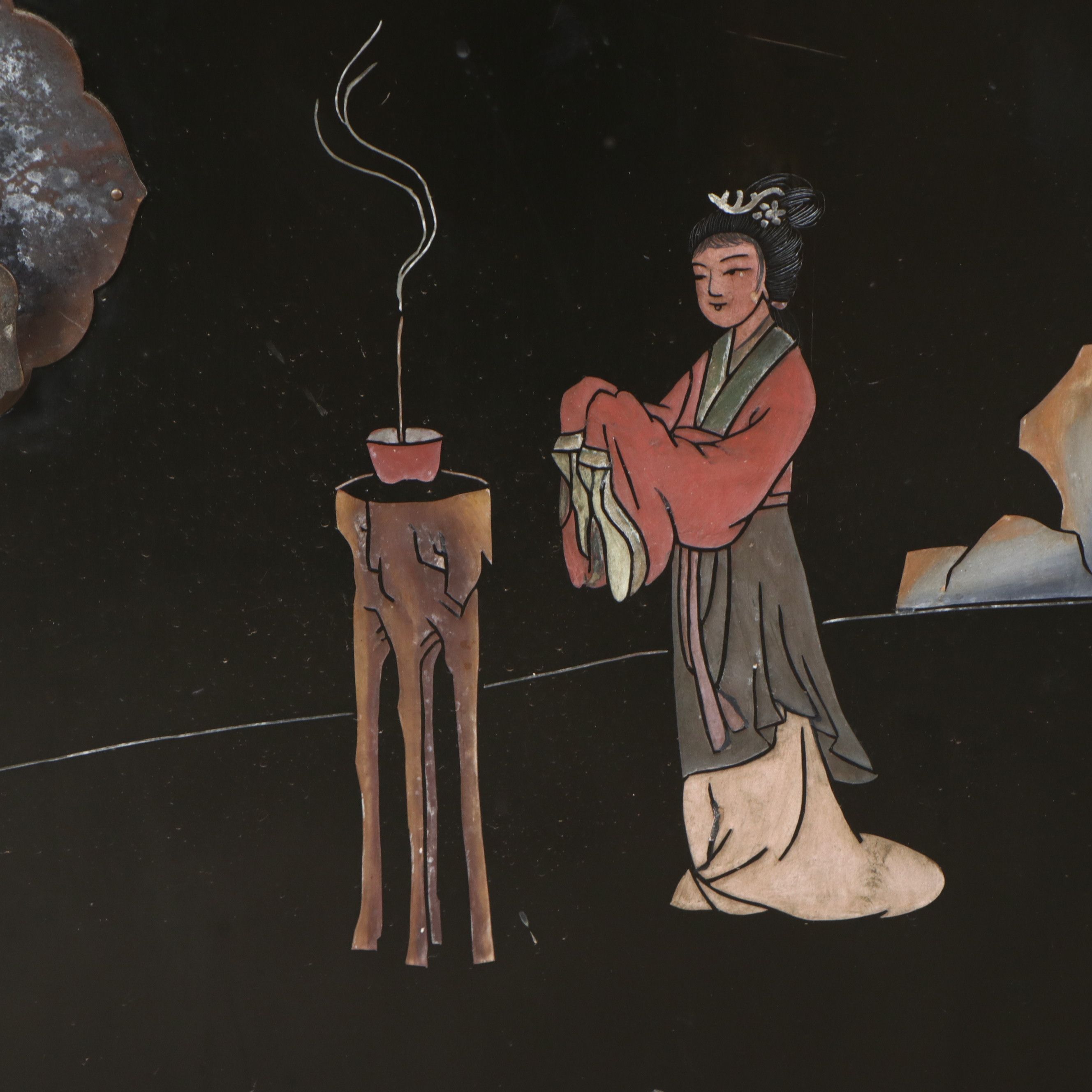 Chinese Black Lacquer Cabinet with Hardstone Figural Inlay