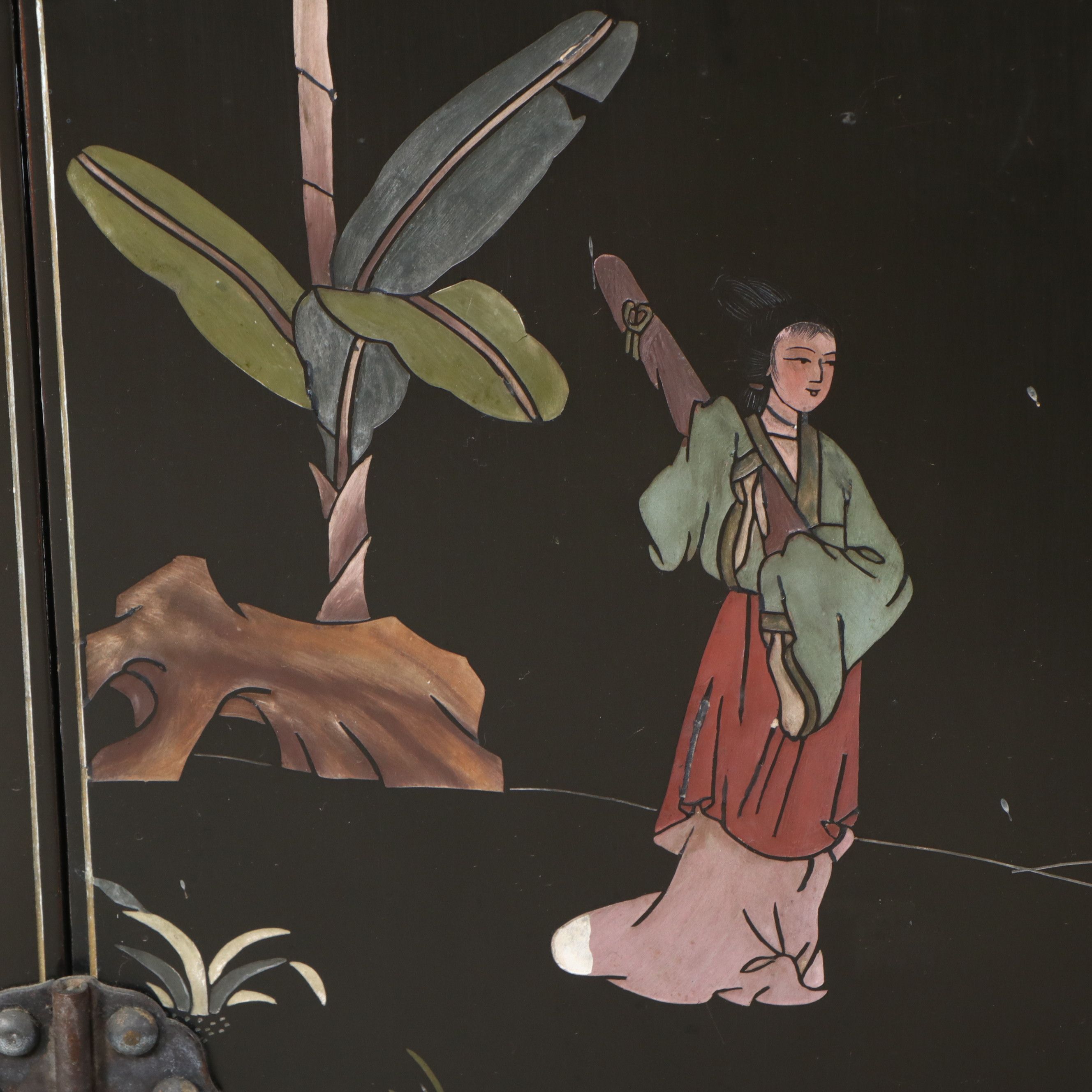 Chinese Black Lacquer Cabinet with Hardstone Figural Inlay