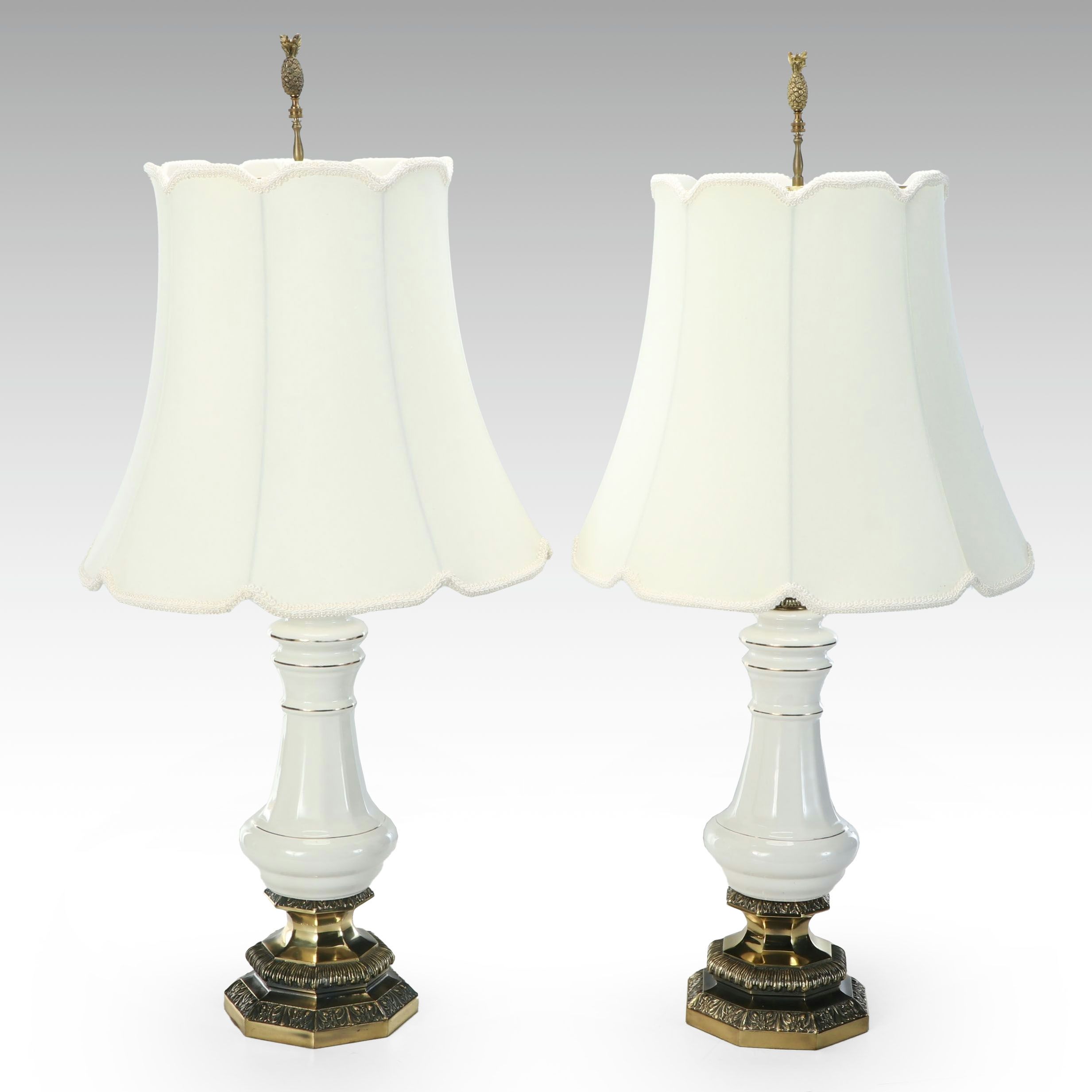 Pair of White Ceramic and Brass Table Lamps With Scallop Bell Shades