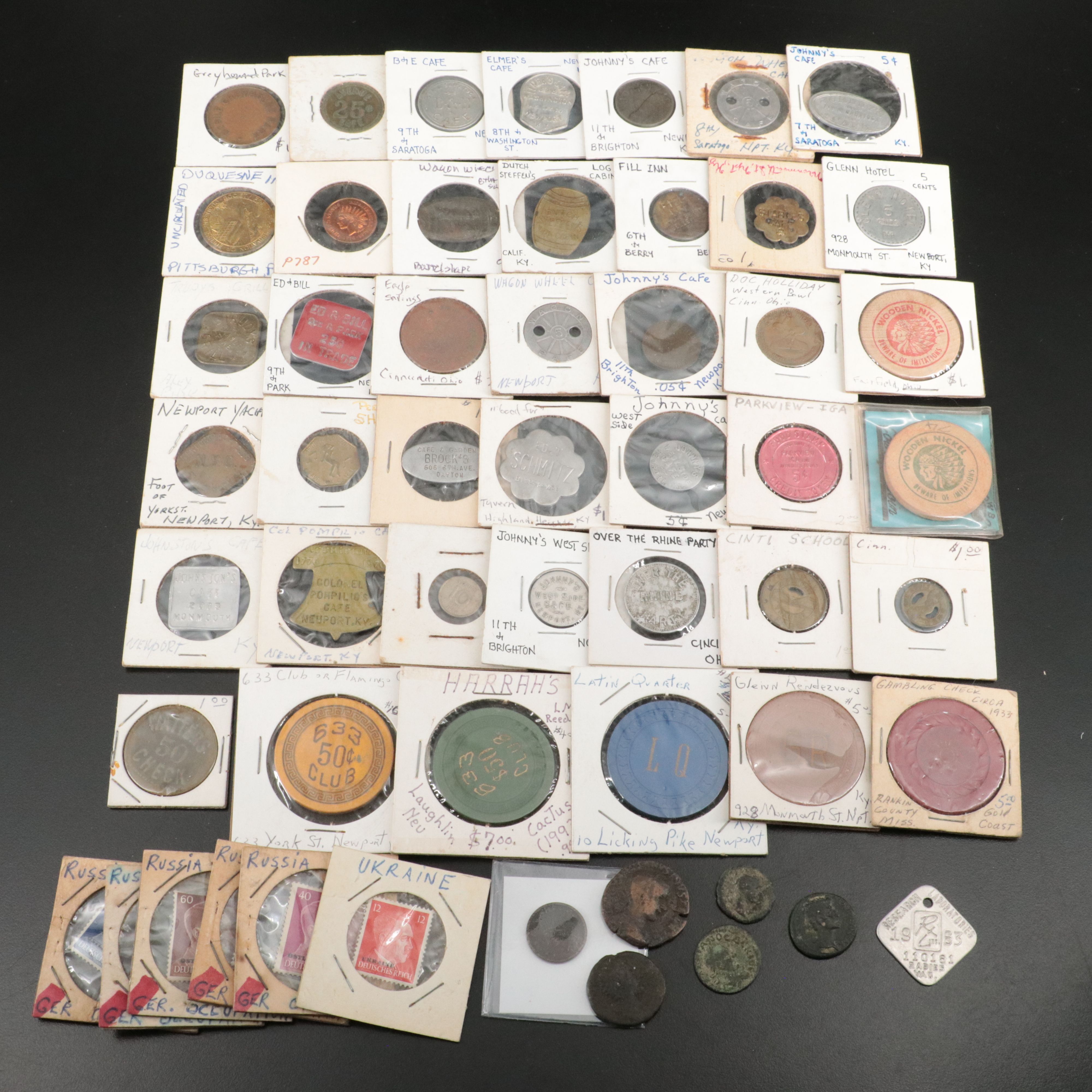 60 Transportation & Merchant Tokens, Wooden Nickels, Gambling Chips, and More