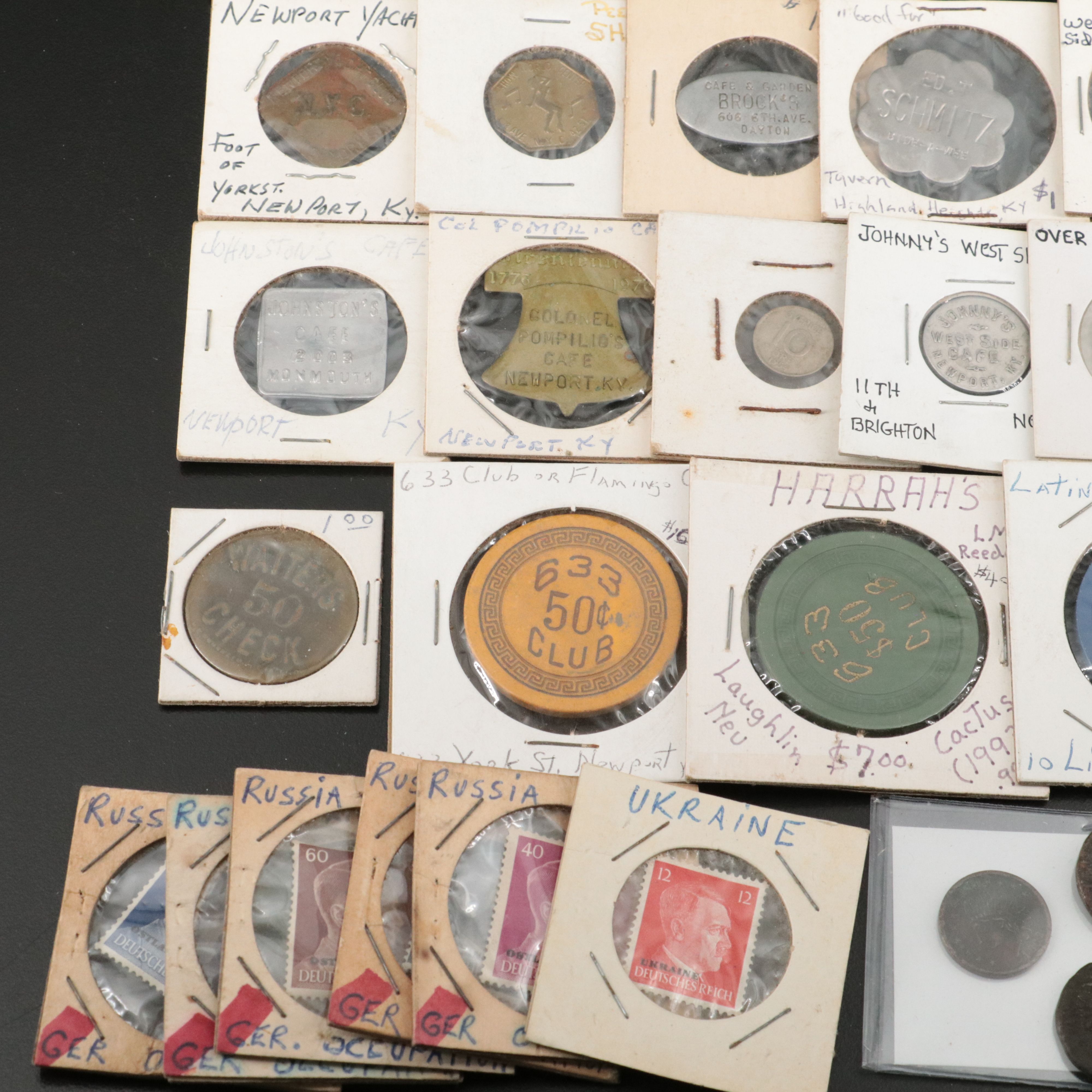 60 Transportation & Merchant Tokens, Wooden Nickels, Gambling Chips, and More