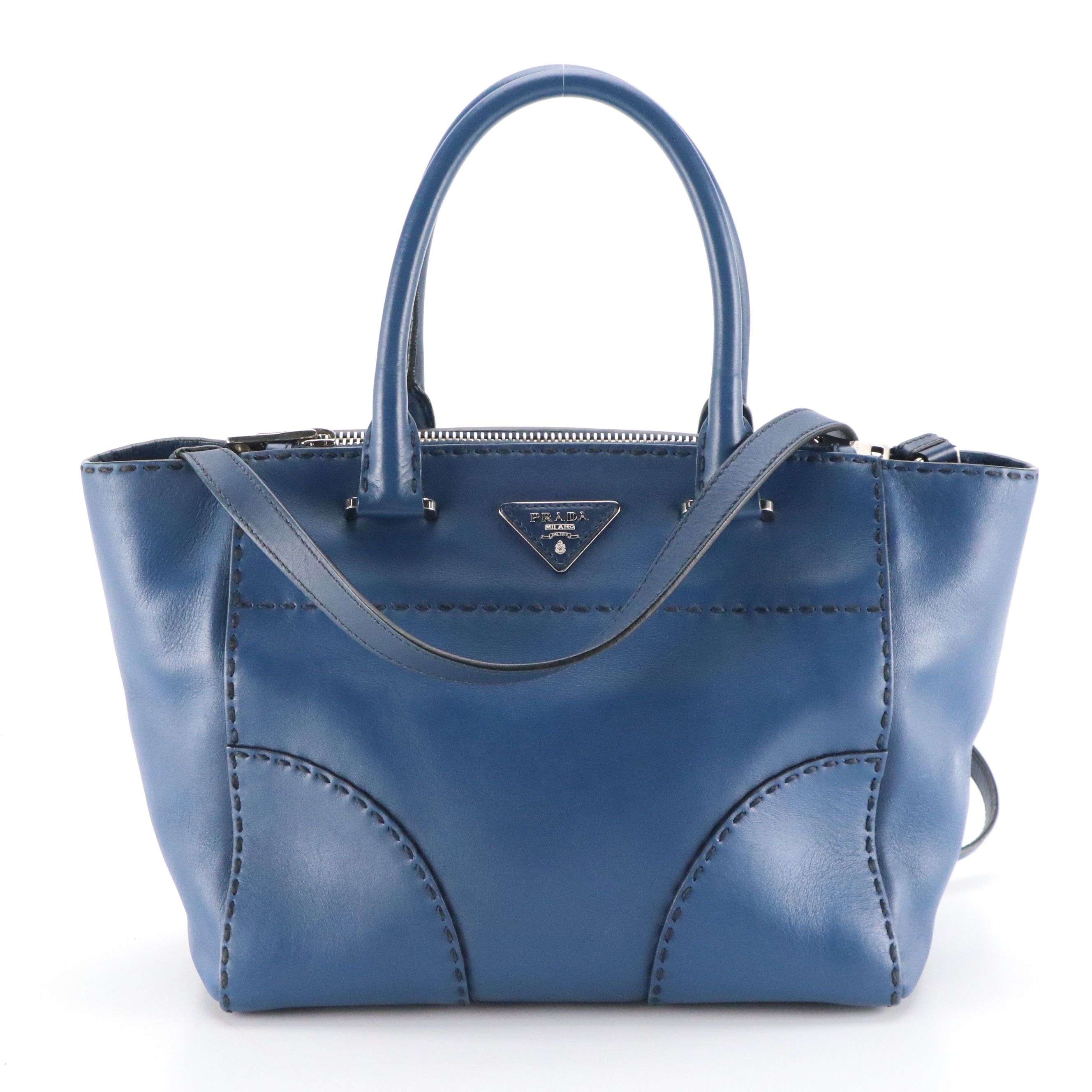 Prada Top-Stitched Two Way Tote Bag in Deep Blue Leather