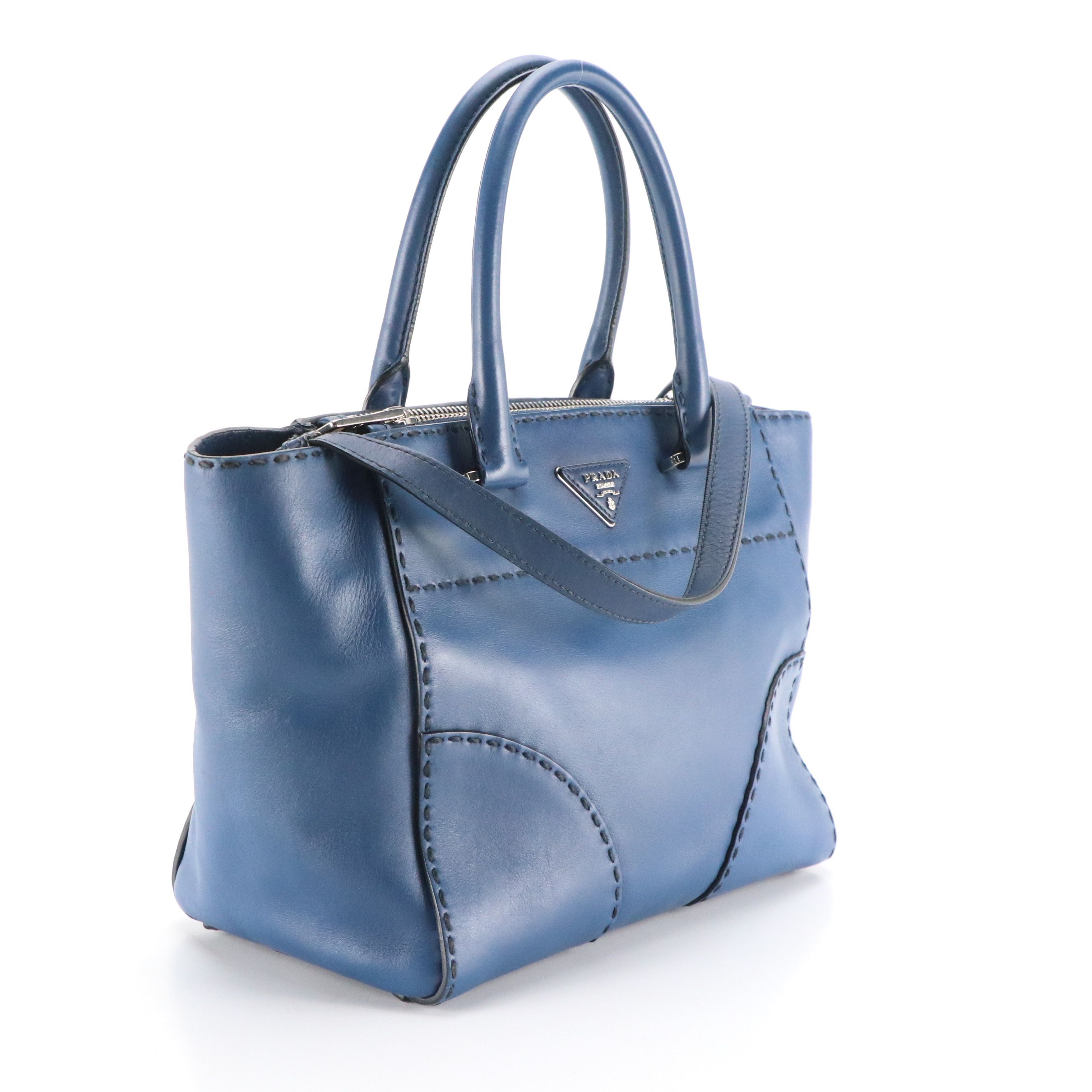 Prada Top-Stitched Two Way Tote Bag in Deep Blue Leather
