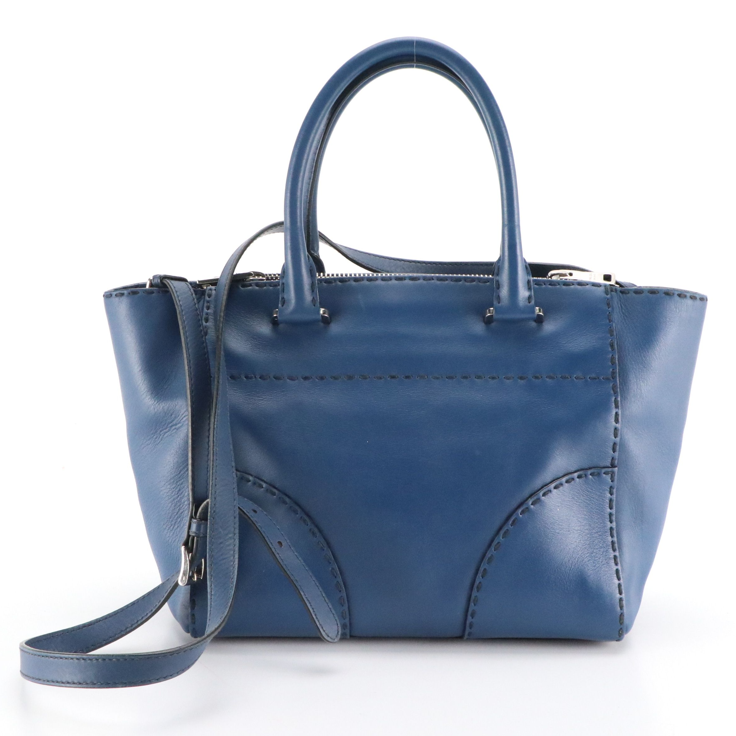 Prada Top-Stitched Two Way Tote Bag in Deep Blue Leather
