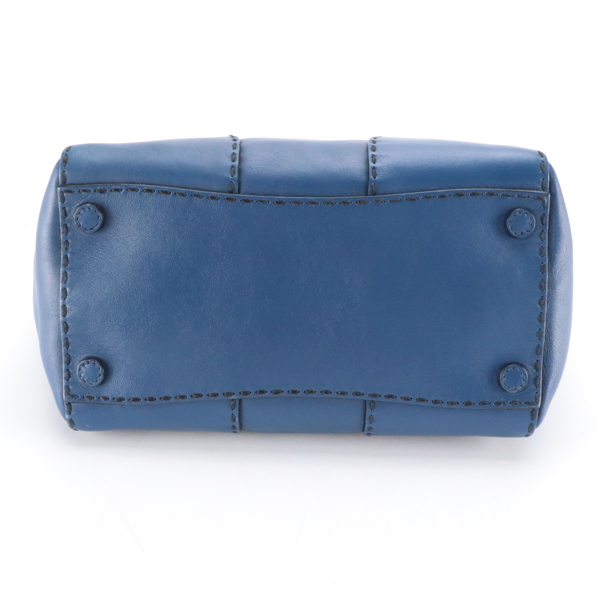 Prada Top-Stitched Two Way Tote Bag in Deep Blue Leather