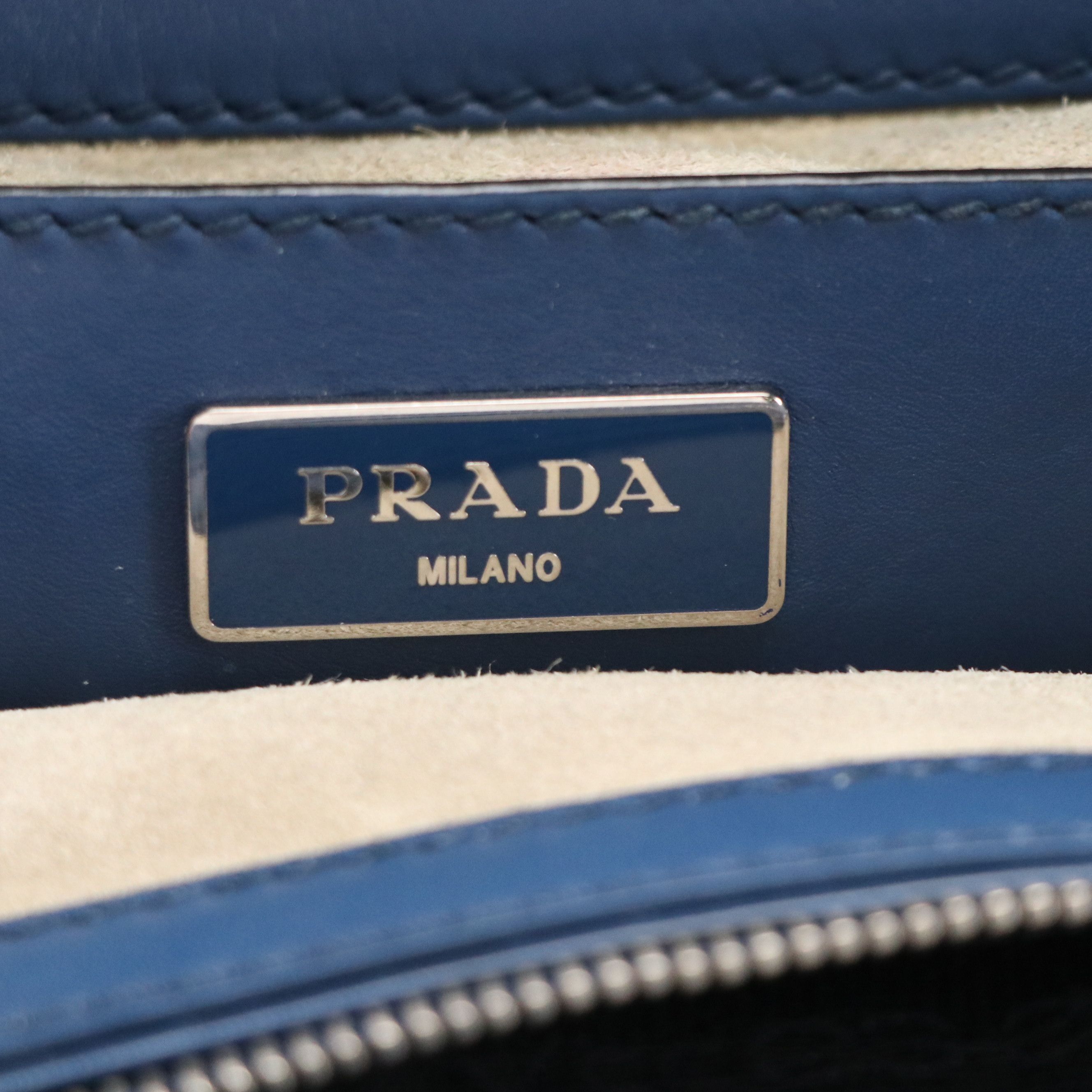 Prada Top-Stitched Two Way Tote Bag in Deep Blue Leather