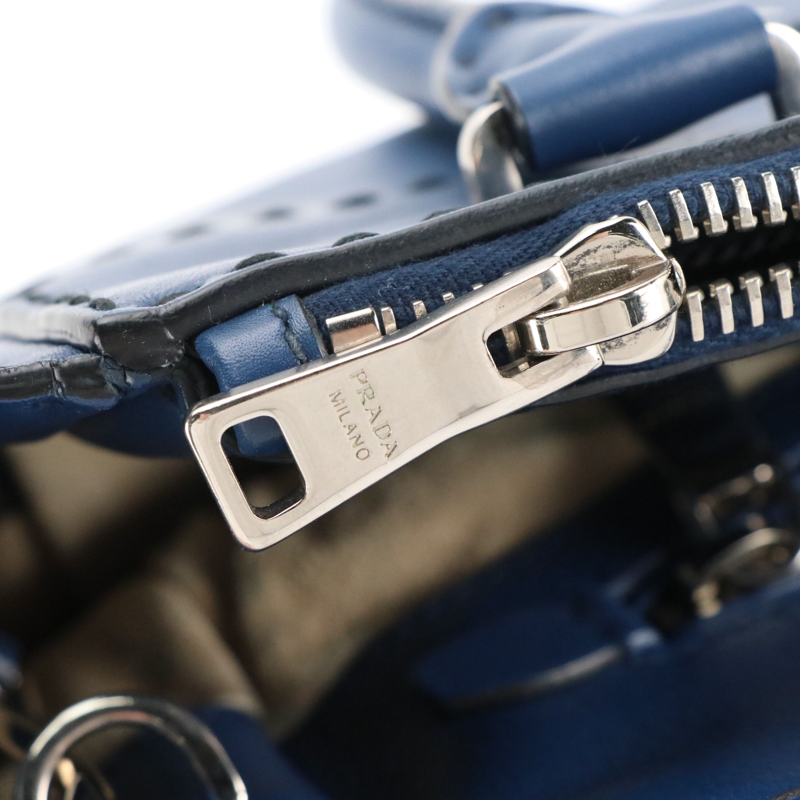 Prada Top-Stitched Two Way Tote Bag in Deep Blue Leather