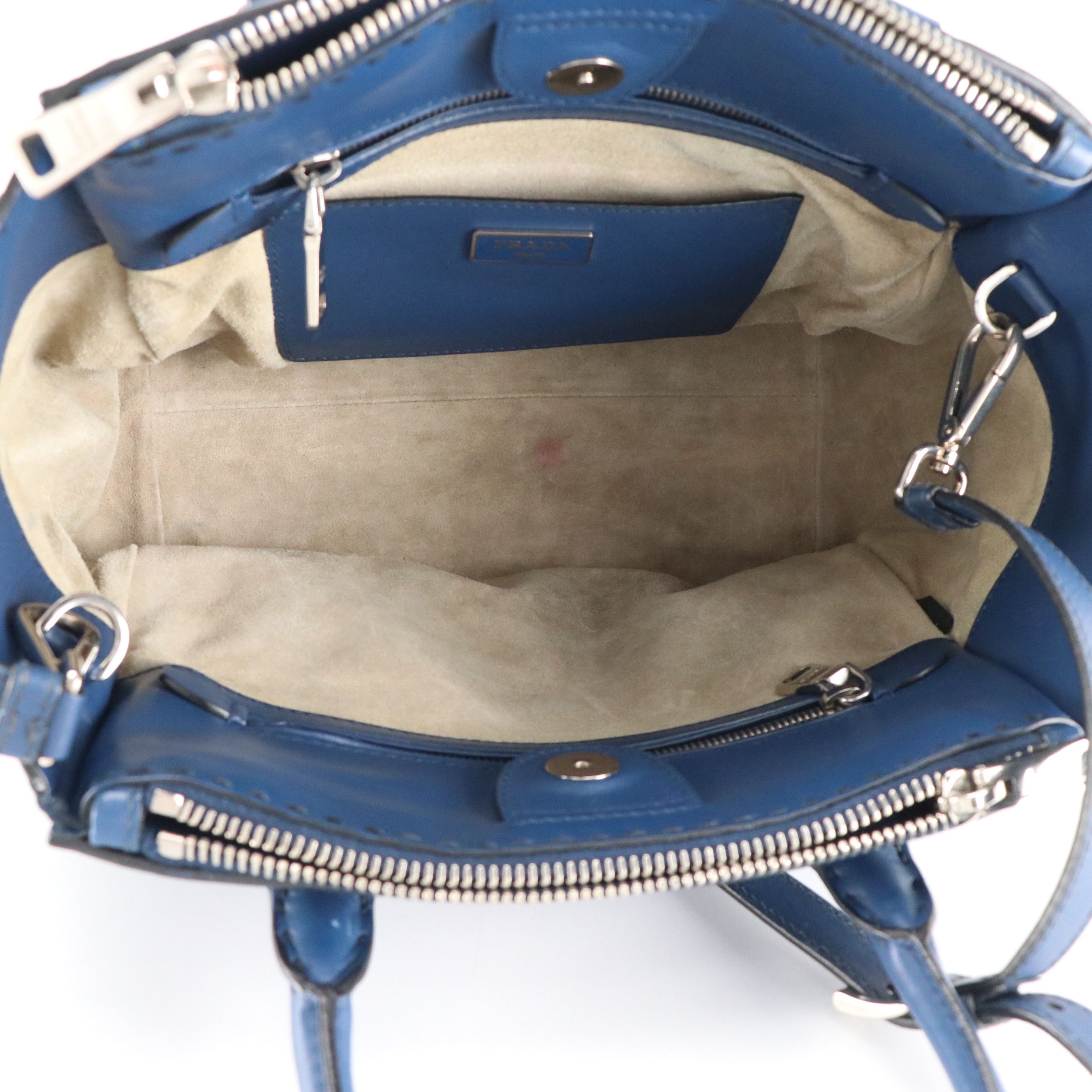 Prada Top-Stitched Two Way Tote Bag in Deep Blue Leather