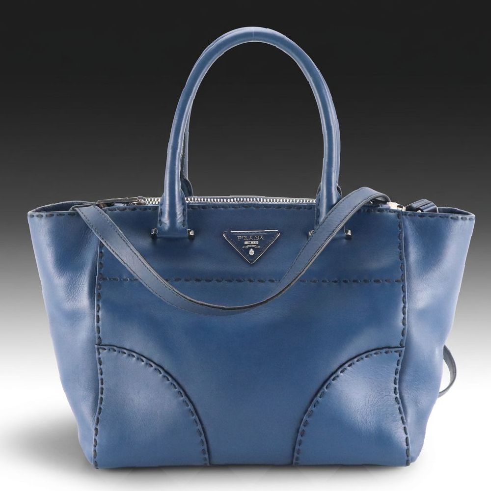 Prada Top-Stitched Two Way Tote Bag in Deep Blue Leather