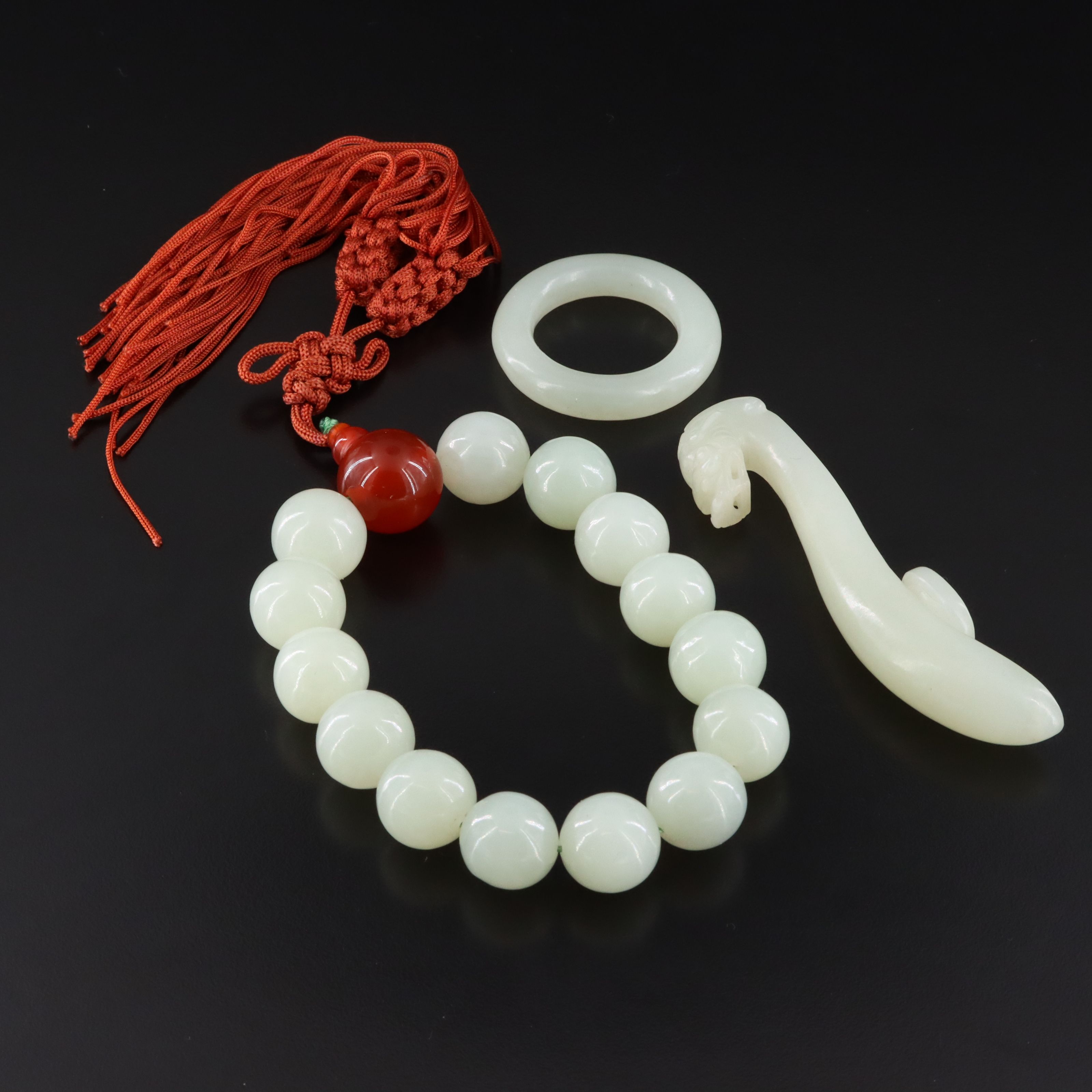 Antique Chinese Jade Bracelet, Belt Hook and Ring
