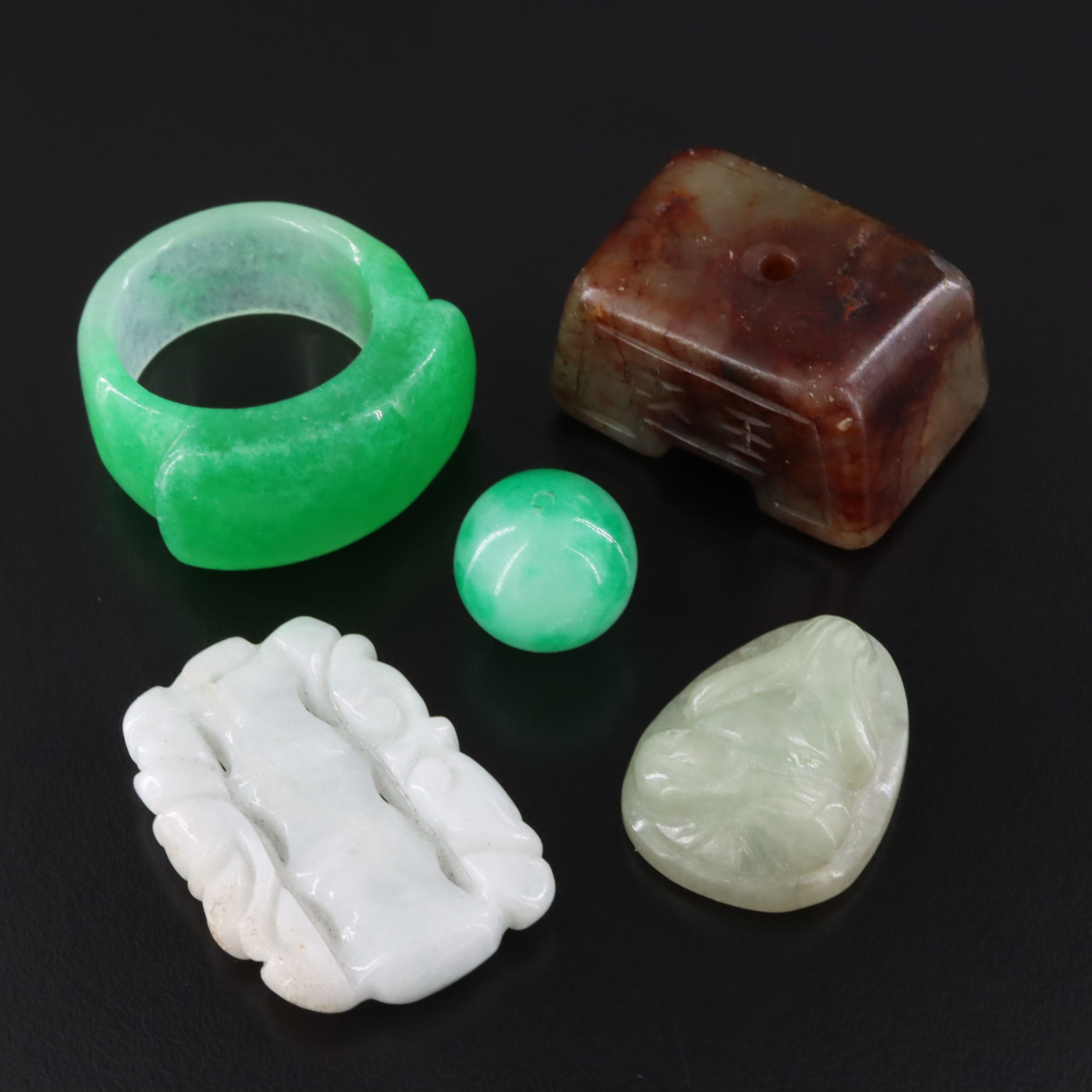 Chinese Jadeite And Hard Stone Archer's Ring, Beads and Loose Stone
