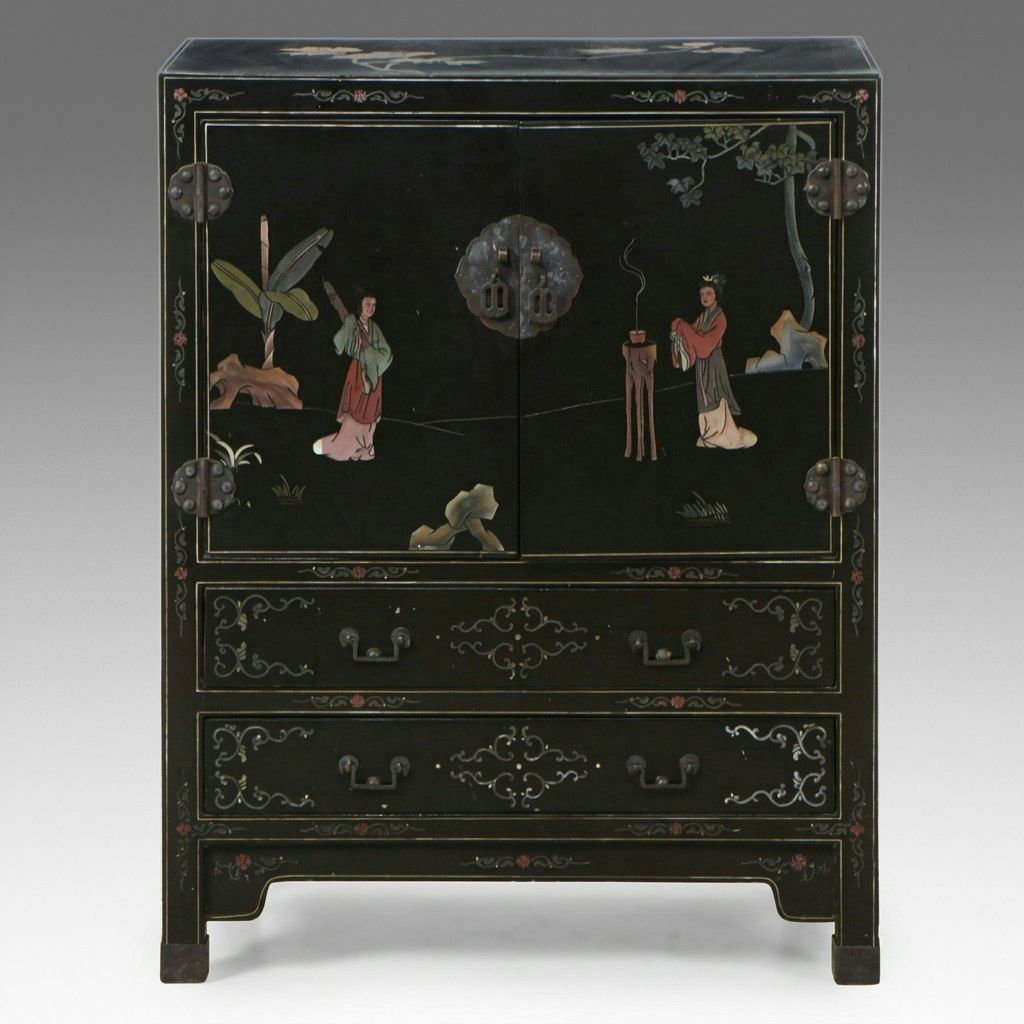 Chinese Black Lacquer Cabinet with Hardstone Figural Inlay