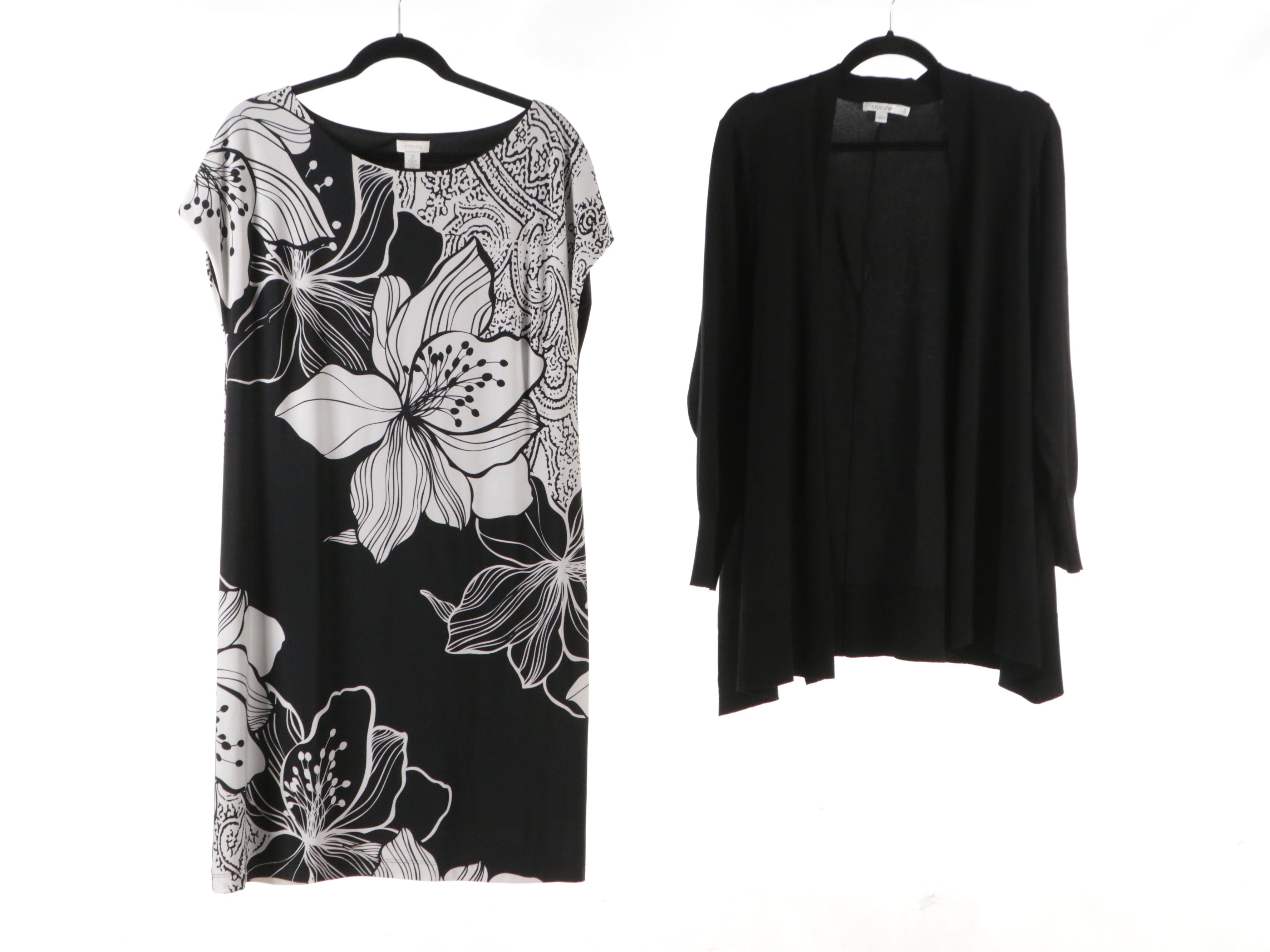 Chico's Black & White Knit Sweaters, Floral Print Dress, and Mid-Length Skirts