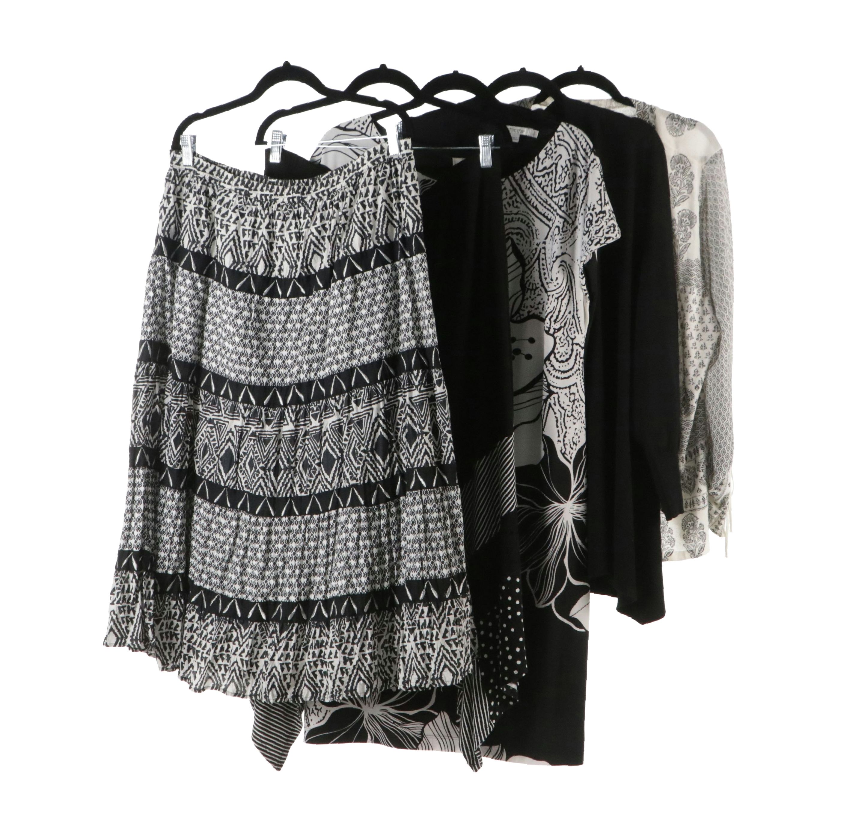 Chico's Black & White Knit Sweaters, Floral Print Dress, and Mid-Length Skirts