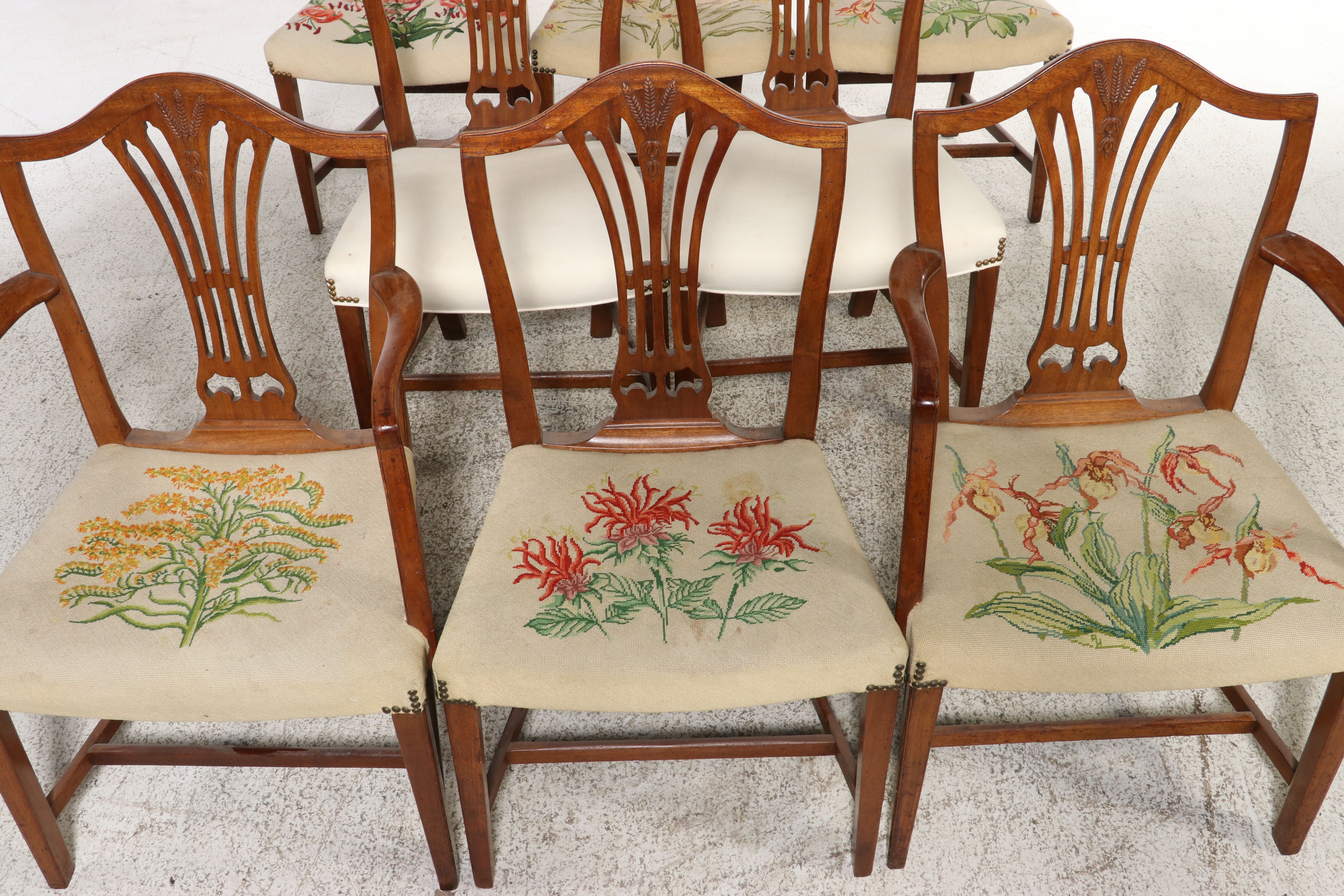 Set of Eight Hepplewhite Style Shield-Back Chairs with Wheat Sheaf Carving