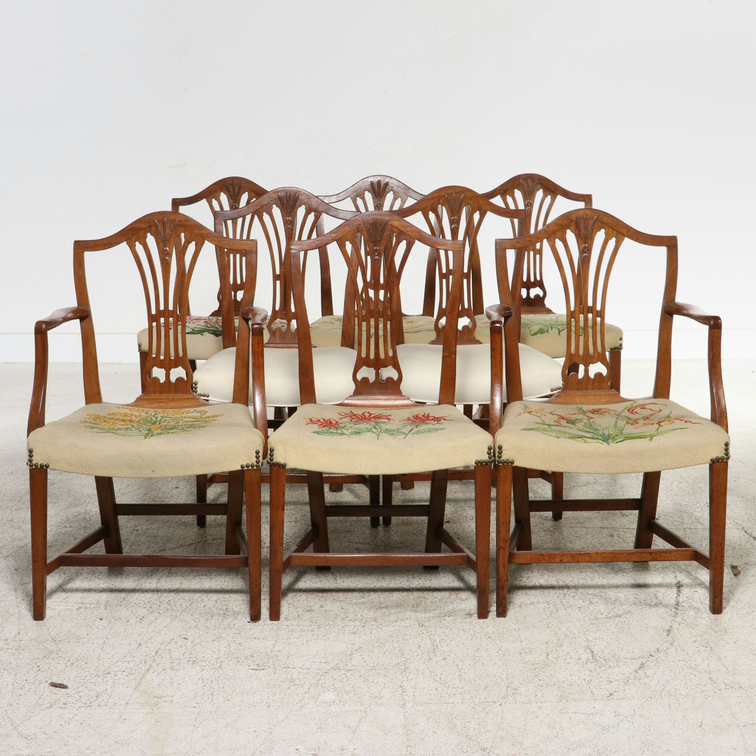 Set of Eight Hepplewhite Style Shield-Back Chairs with Wheat Sheaf Carving