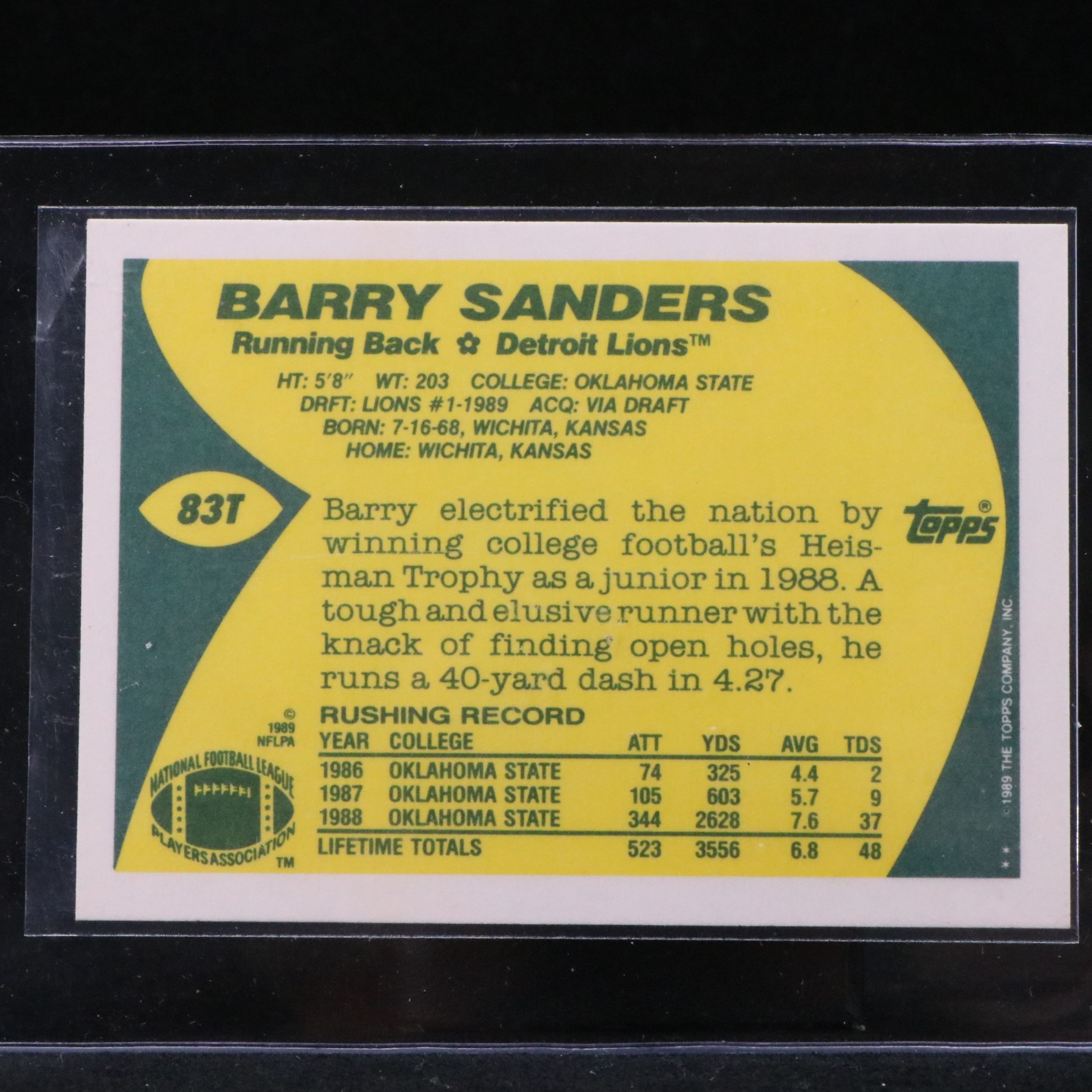 1989 Topps Traded Barry Sanders Detroit Lions Rookie Football Card