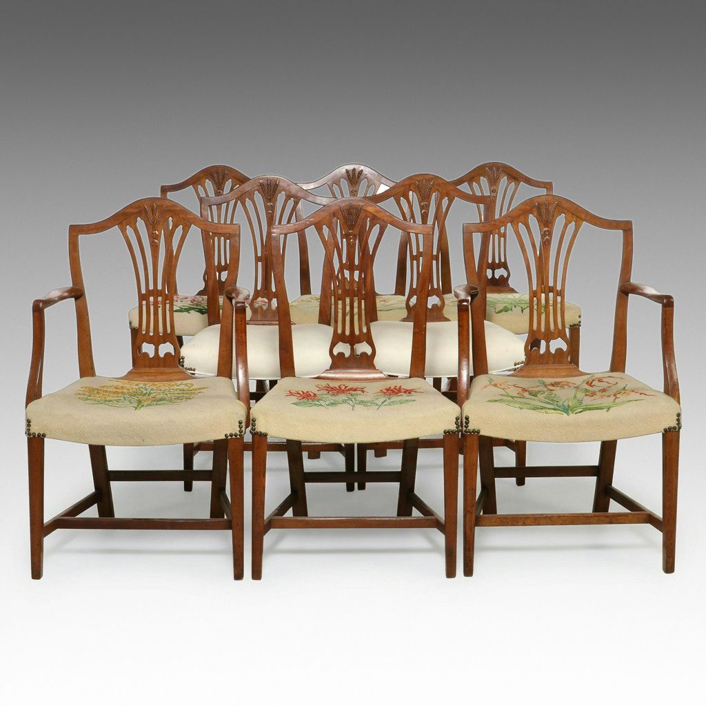 Set of Eight Hepplewhite Style Shield-Back Chairs with Wheat Sheaf Carving