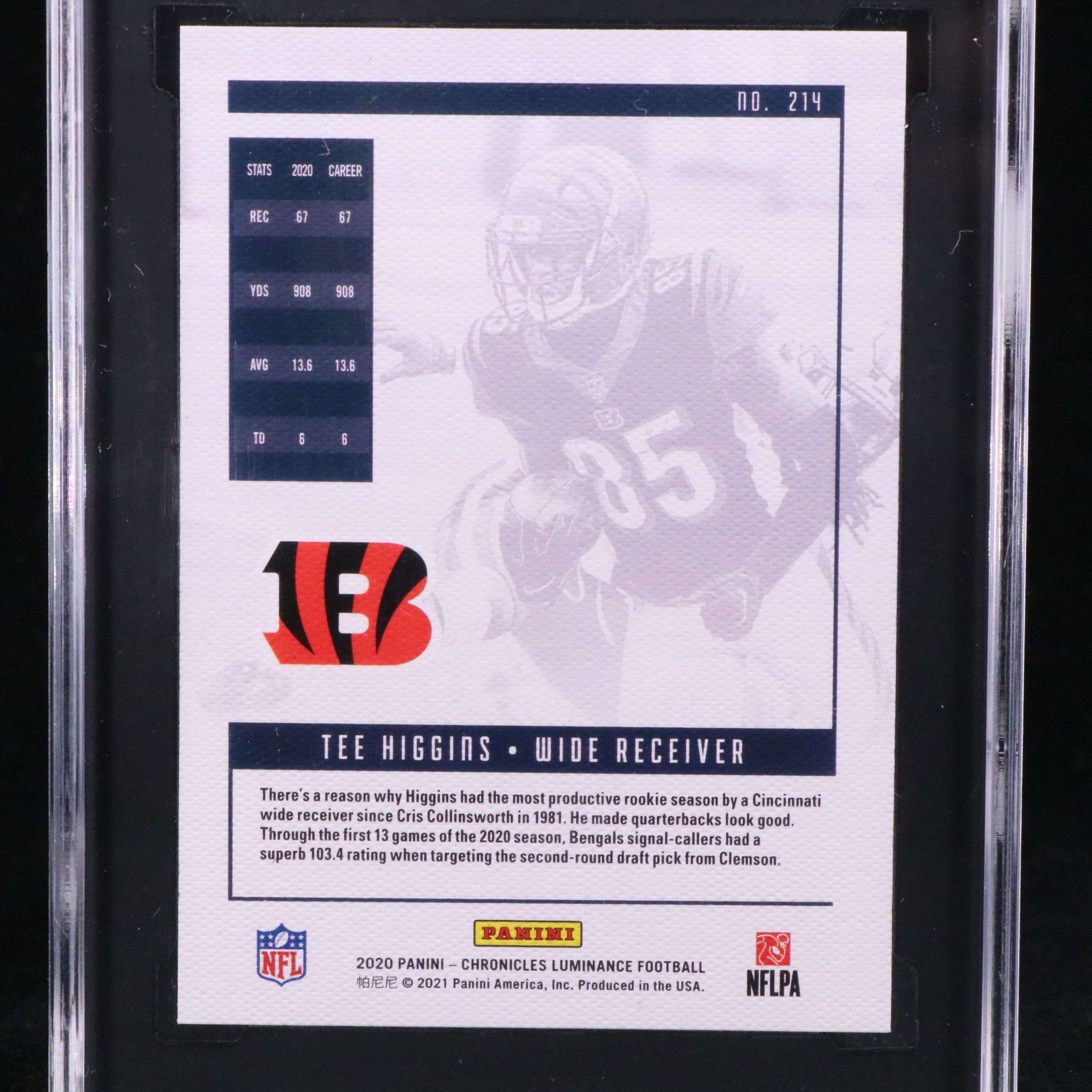 2020 Chronicles Tee Higgins Luminance Rookie Football Card Graded SGC 10