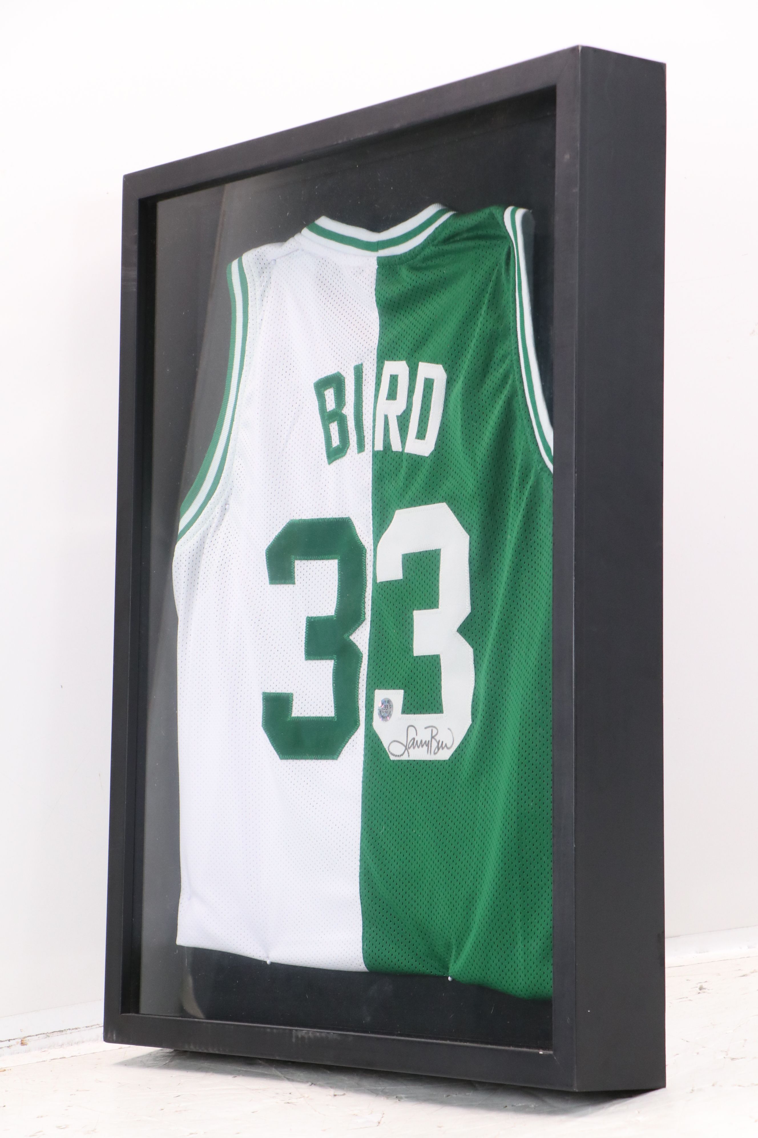 Larry Bird Signed Boston Celtics Framed Basketball Jersey