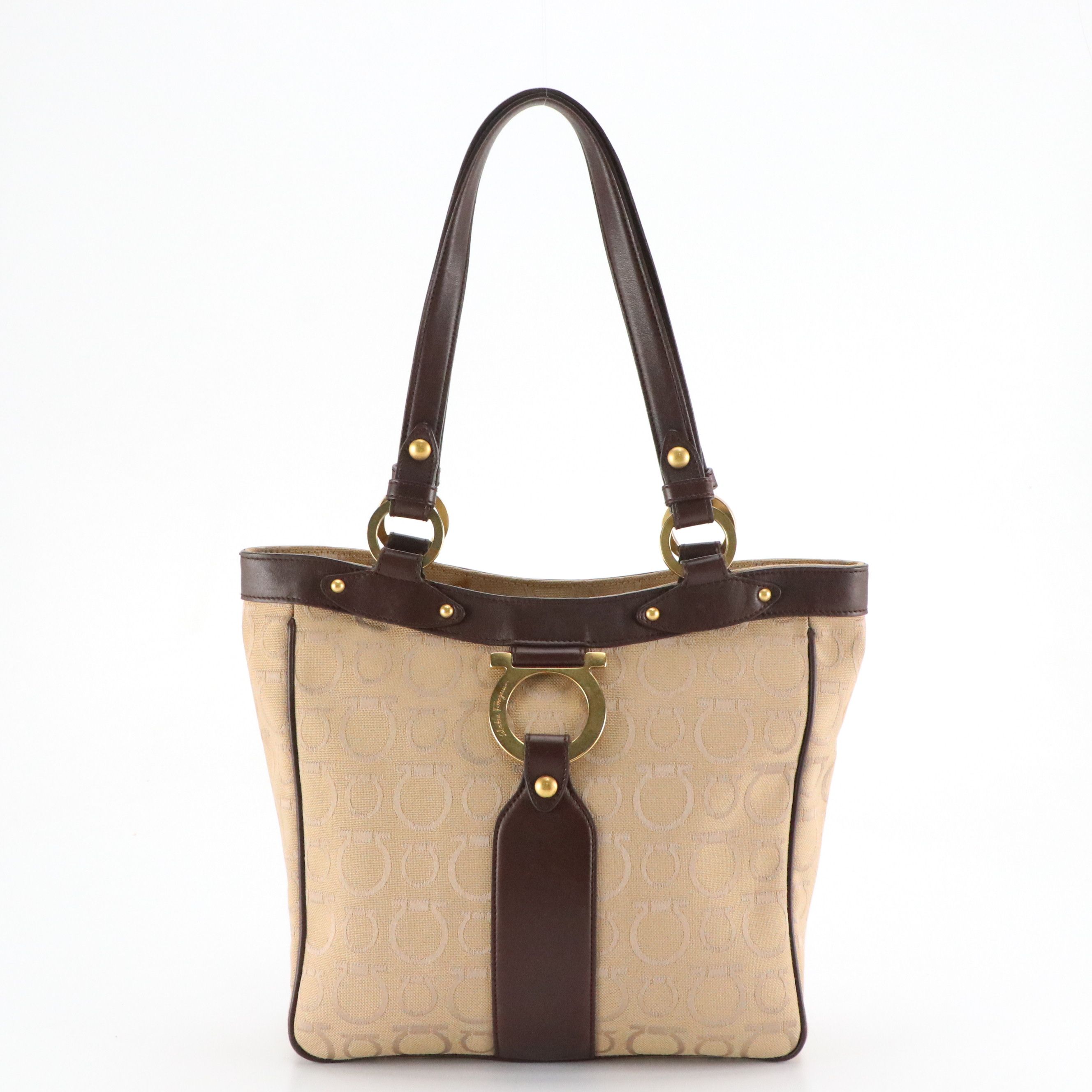 Salvatore Ferragamo Gancini Printed Jacquard Canvas and Brown Leather Zip Tote